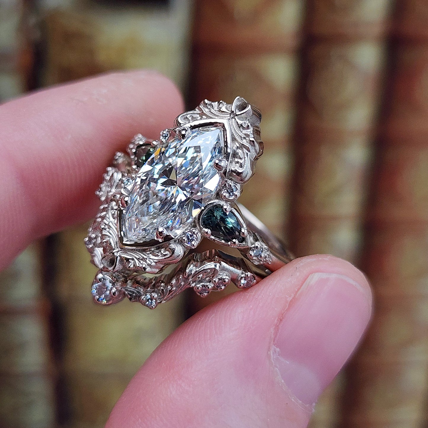 3.01ct Lab Diamond Odette Marquise Engagement Ring Set with Australian Sapphire Pears and Gold Filigree 14k Palladium White Gold image 4