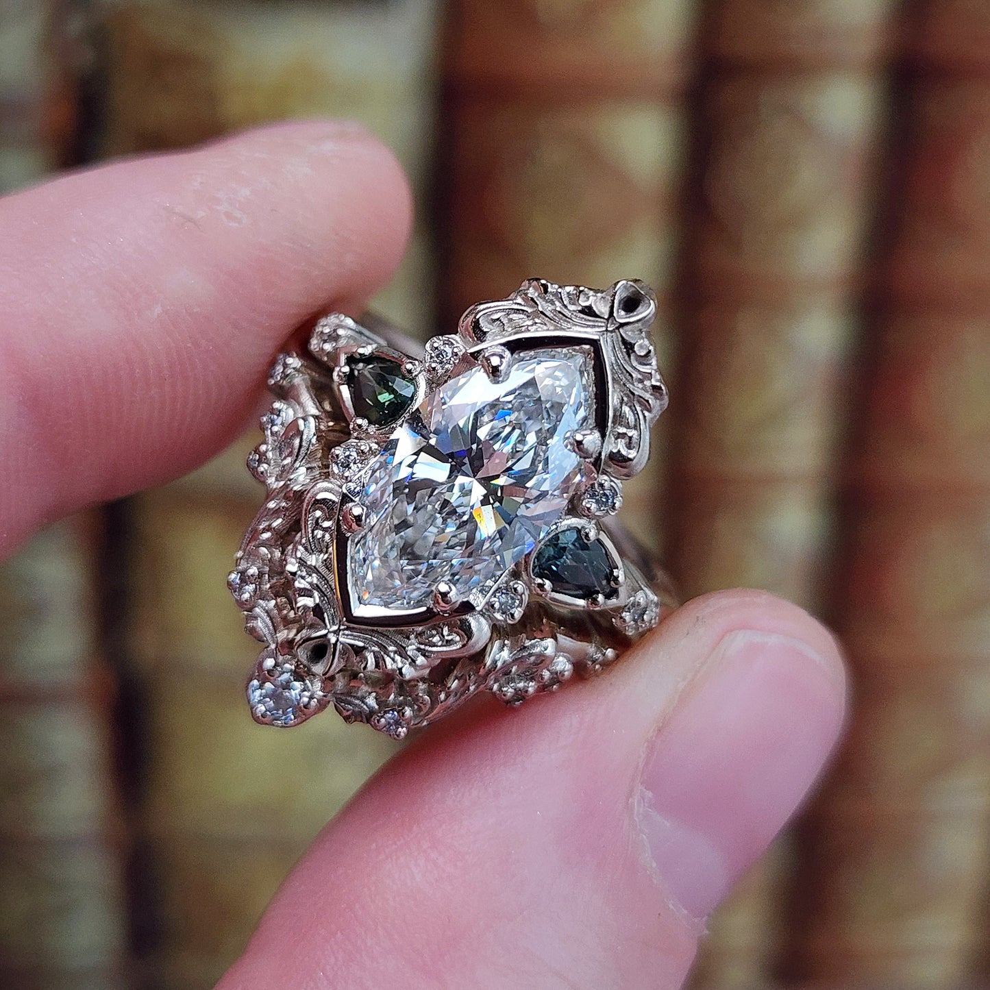 3.01ct Lab Diamond Odette Marquise Engagement Ring Set with Australian Sapphire Pears and Gold Filigree 14k Palladium White Gold image 5