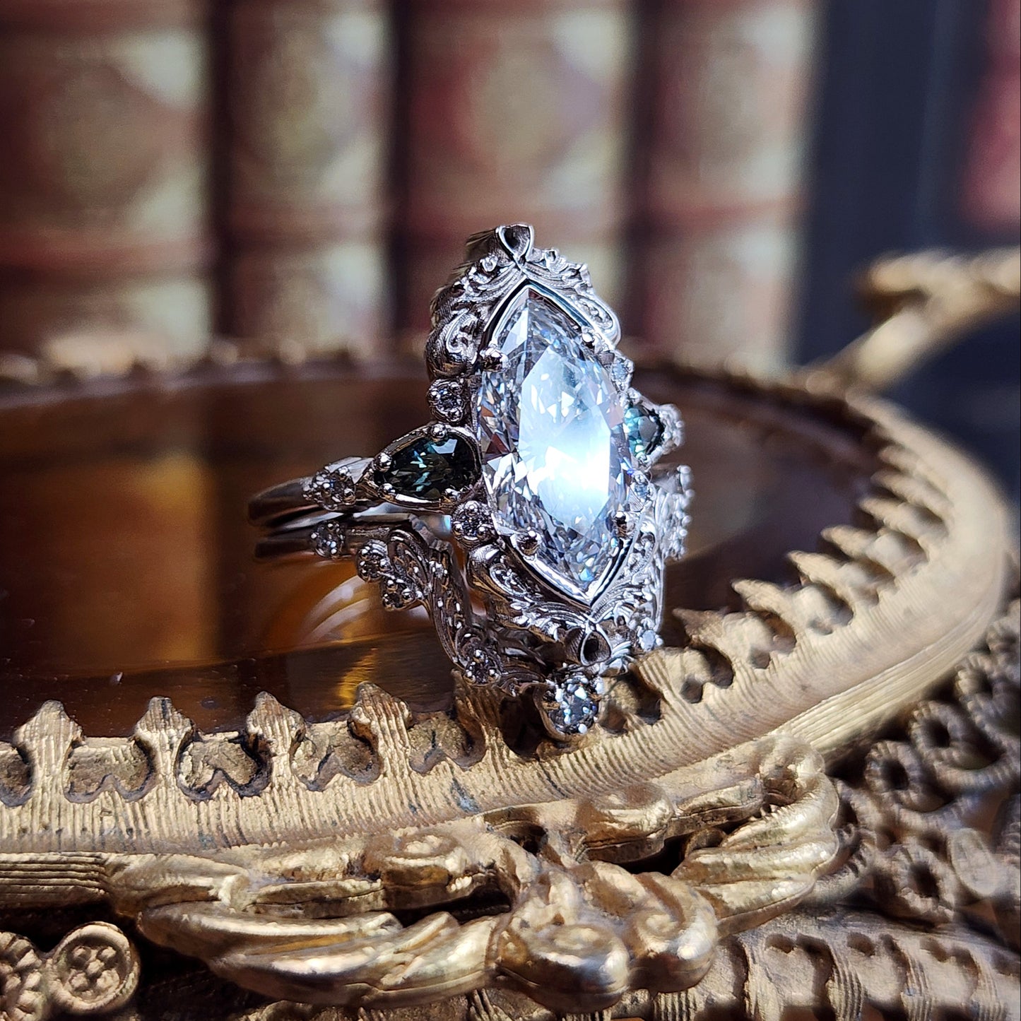 3.01ct Lab Diamond Odette Marquise Engagement Ring Set with Australian Sapphire Pears and Gold Filigree 14k Palladium White Gold image 9