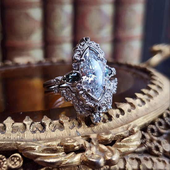 3.01ct Lab Diamond Odette Marquise Engagement Ring Set with Australian Sapphire Pears and Gold Filigree 14k Palladium White Gold image 8