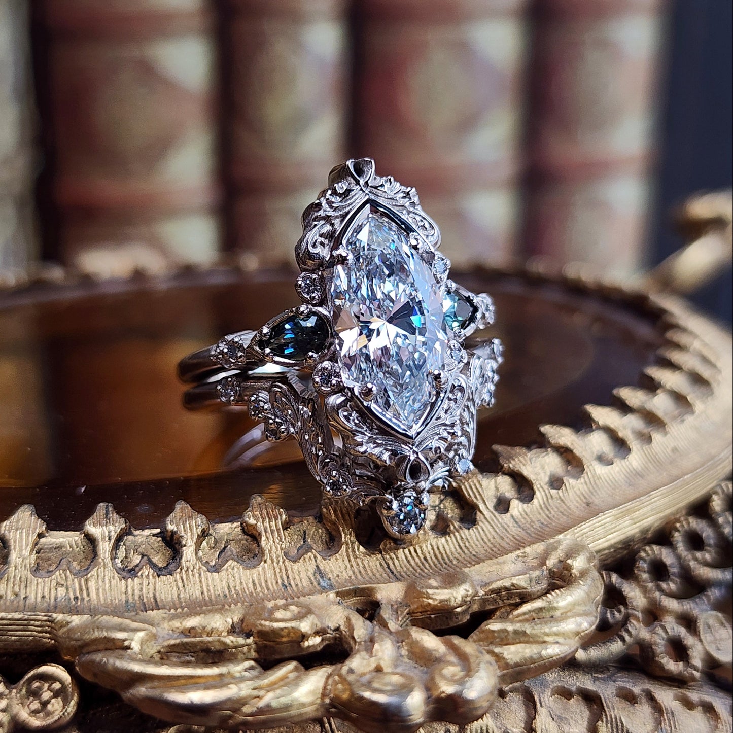 3.01ct Lab Diamond Odette Marquise Engagement Ring Set with Australian Sapphire Pears and Gold Filigree 14k Palladium White Gold image 7