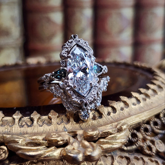 3.01ct Lab Diamond Odette Marquise Engagement Ring Set with Australian Sapphire Pears and Gold Filigree 14k Palladium White Gold image 6