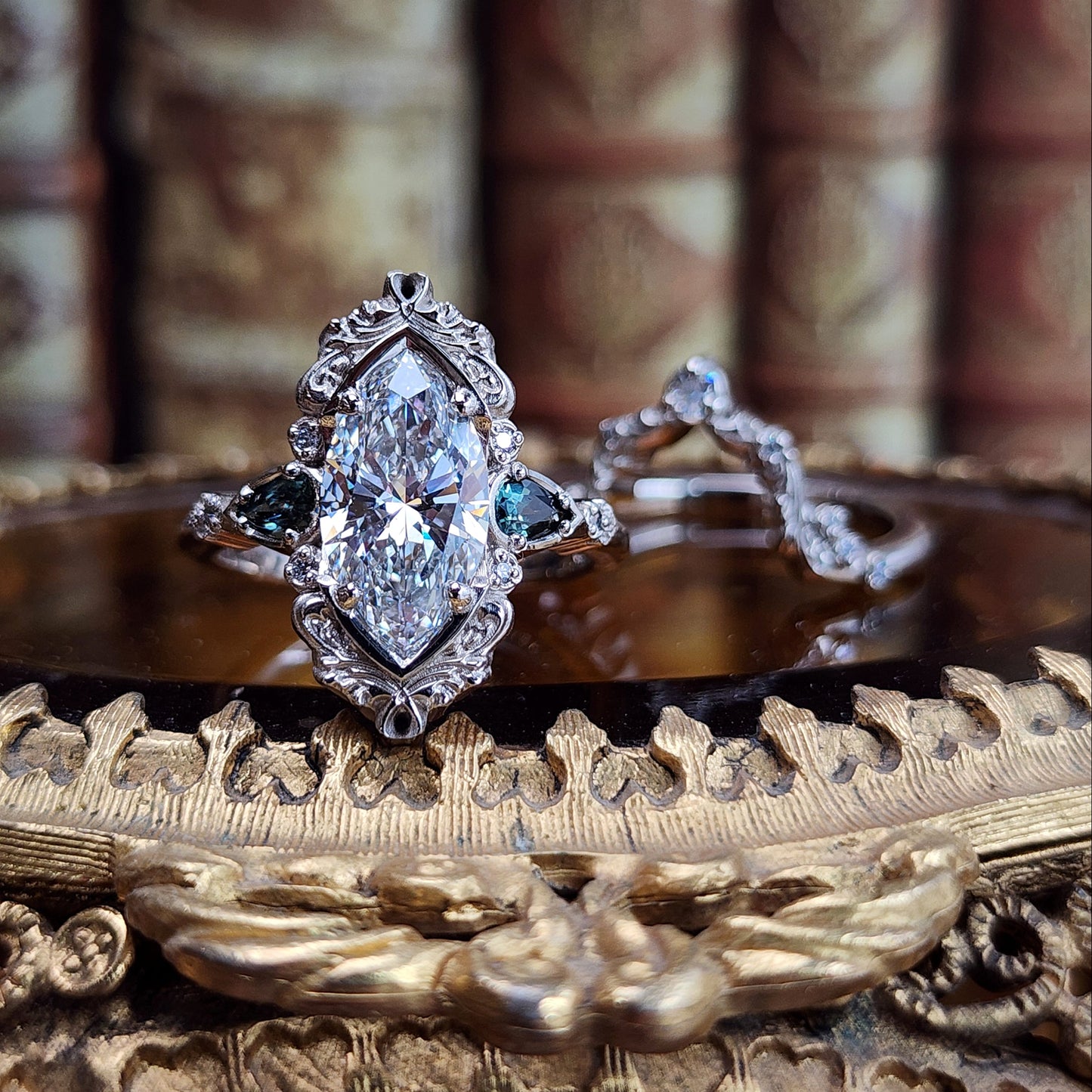 3.01ct Lab Diamond Odette Marquise Engagement Ring Set with Australian Sapphire Pears and Gold Filigree 14k Palladium White Gold image 2