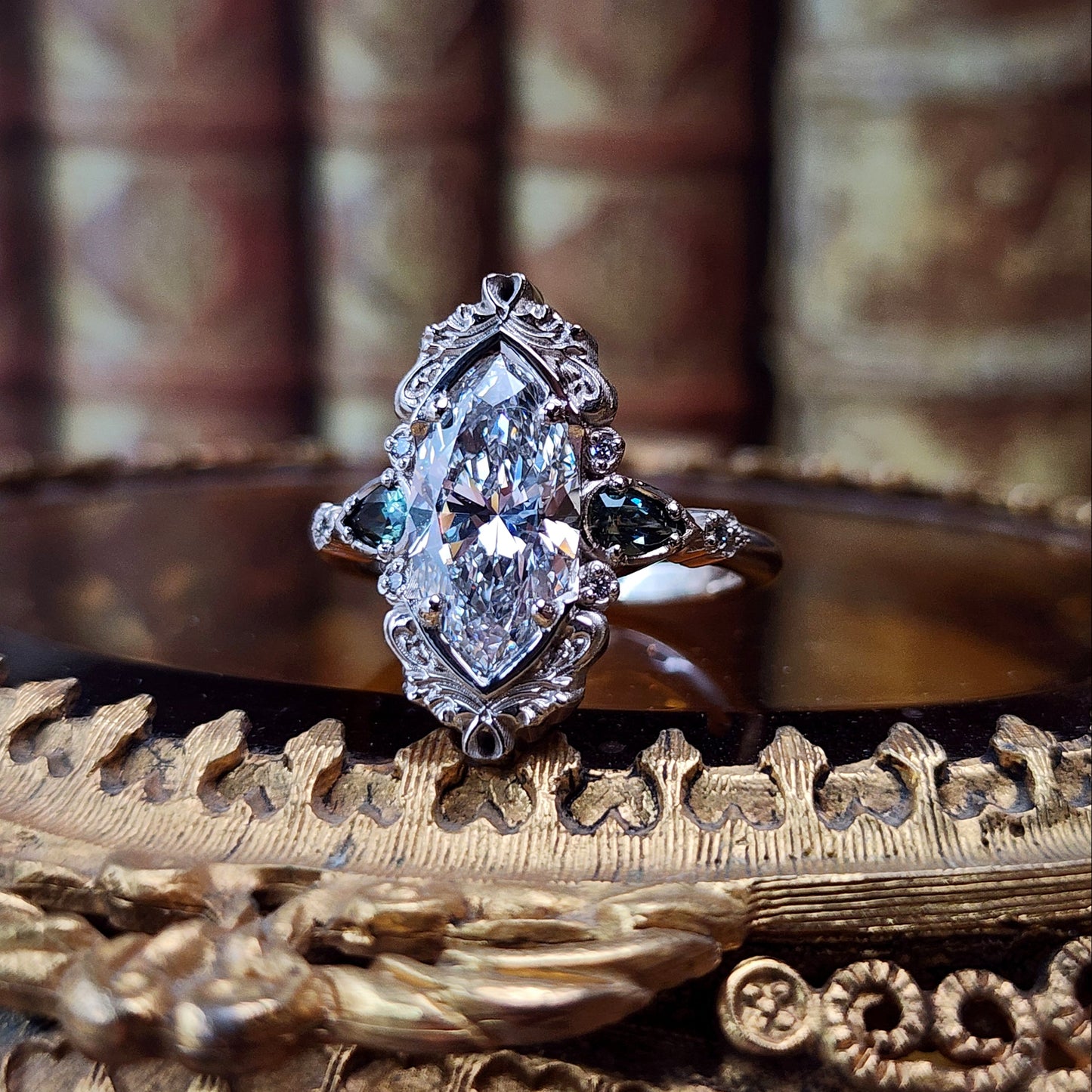 3.01ct Lab Diamond Odette Marquise Engagement Ring Set with Australian Sapphire Pears and Gold Filigree 14k Palladium White Gold image 11