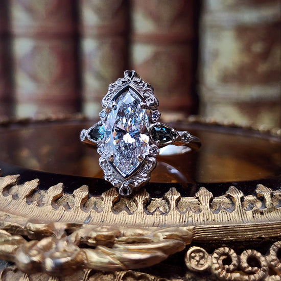 3.01ct Lab Diamond Odette Marquise Engagement Ring Set with Australian Sapphire Pears and Gold Filigree 14k Palladium White Gold image 11