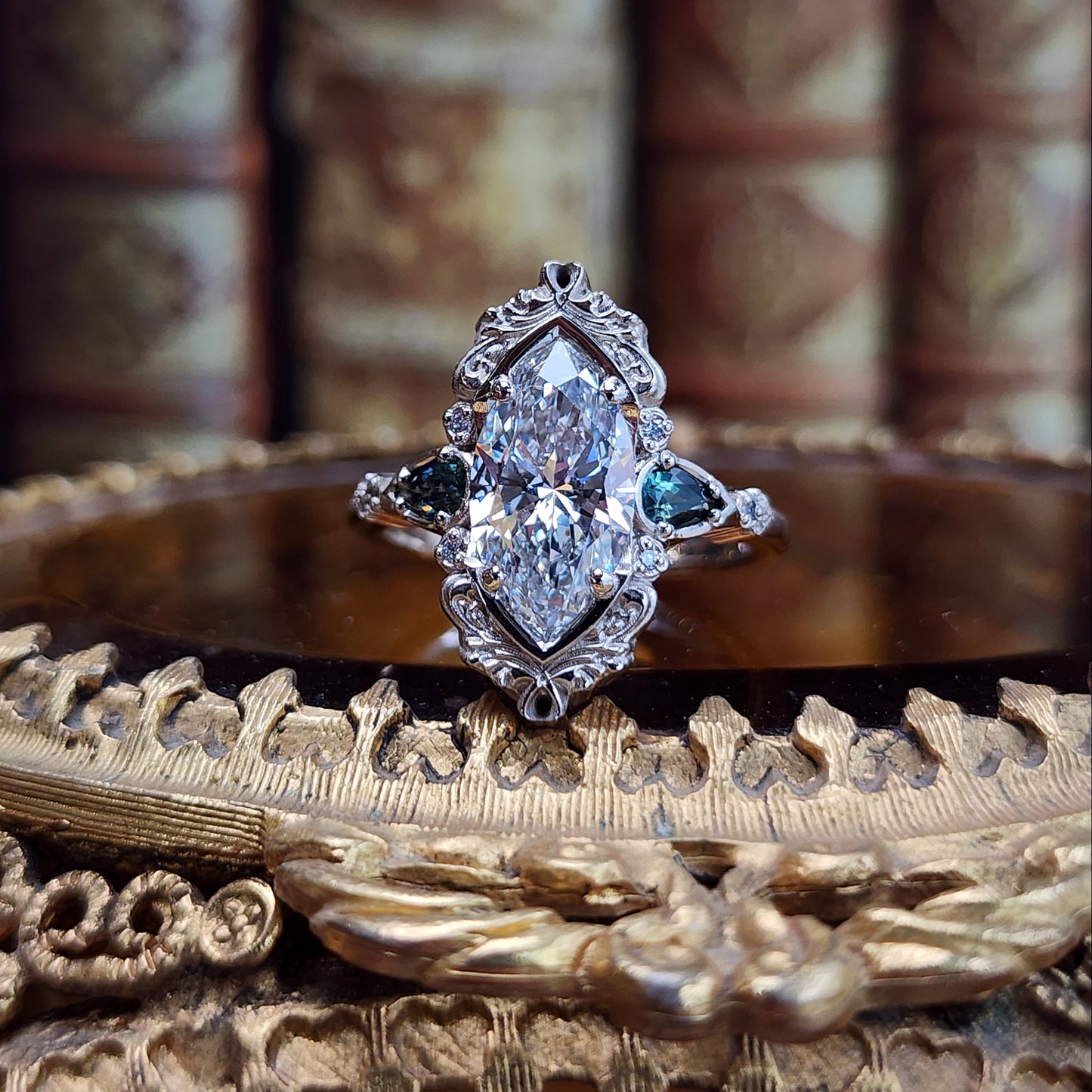 3.01ct Lab Diamond Odette Marquise Engagement Ring Set with Australian Sapphire Pears and Gold Filigree 14k Palladium White Gold image 10