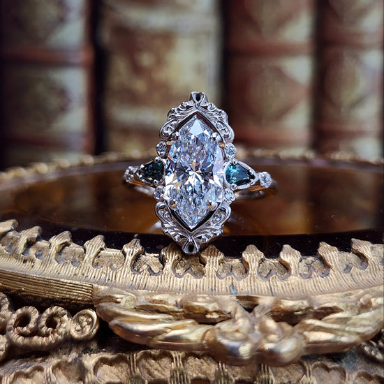 3.01ct Lab Diamond Odette Marquise Engagement Ring Set with Australian Sapphire Pears and Gold Filigree 14k Palladium White Gold image 10