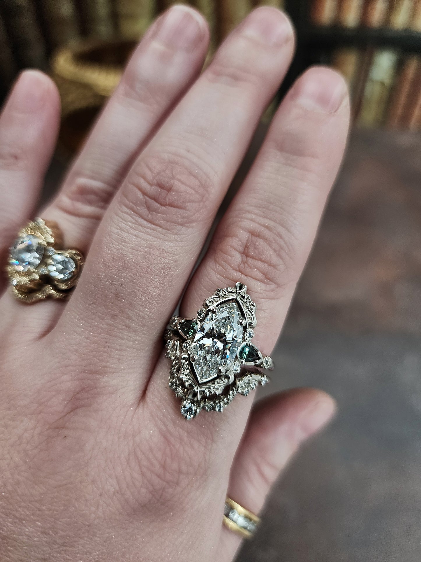 3.01ct Lab Diamond Odette Marquise Engagement Ring Set with Australian Sapphire Pears and Gold Filigree 14k Palladium White Gold image 12