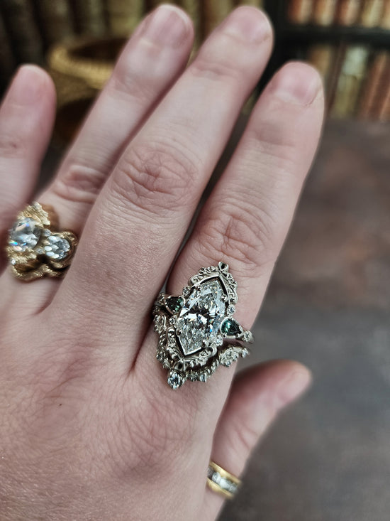 3.01ct Lab Diamond Odette Marquise Engagement Ring Set with Australian Sapphire Pears and Gold Filigree 14k Palladium White Gold image 12