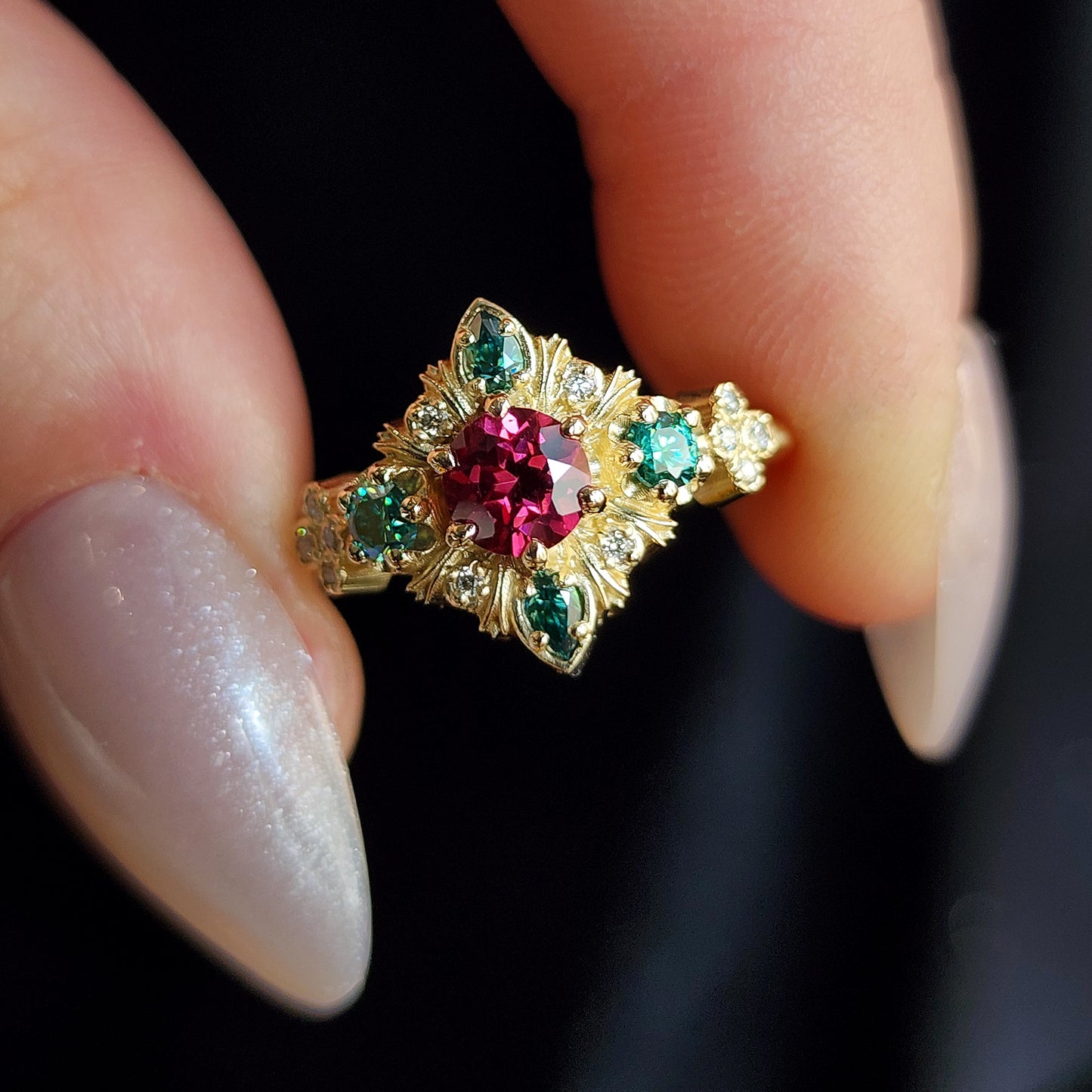 Thorn Haven Rhodolite Garnet Ring - Nature Inspired with Green Moissanite image 9