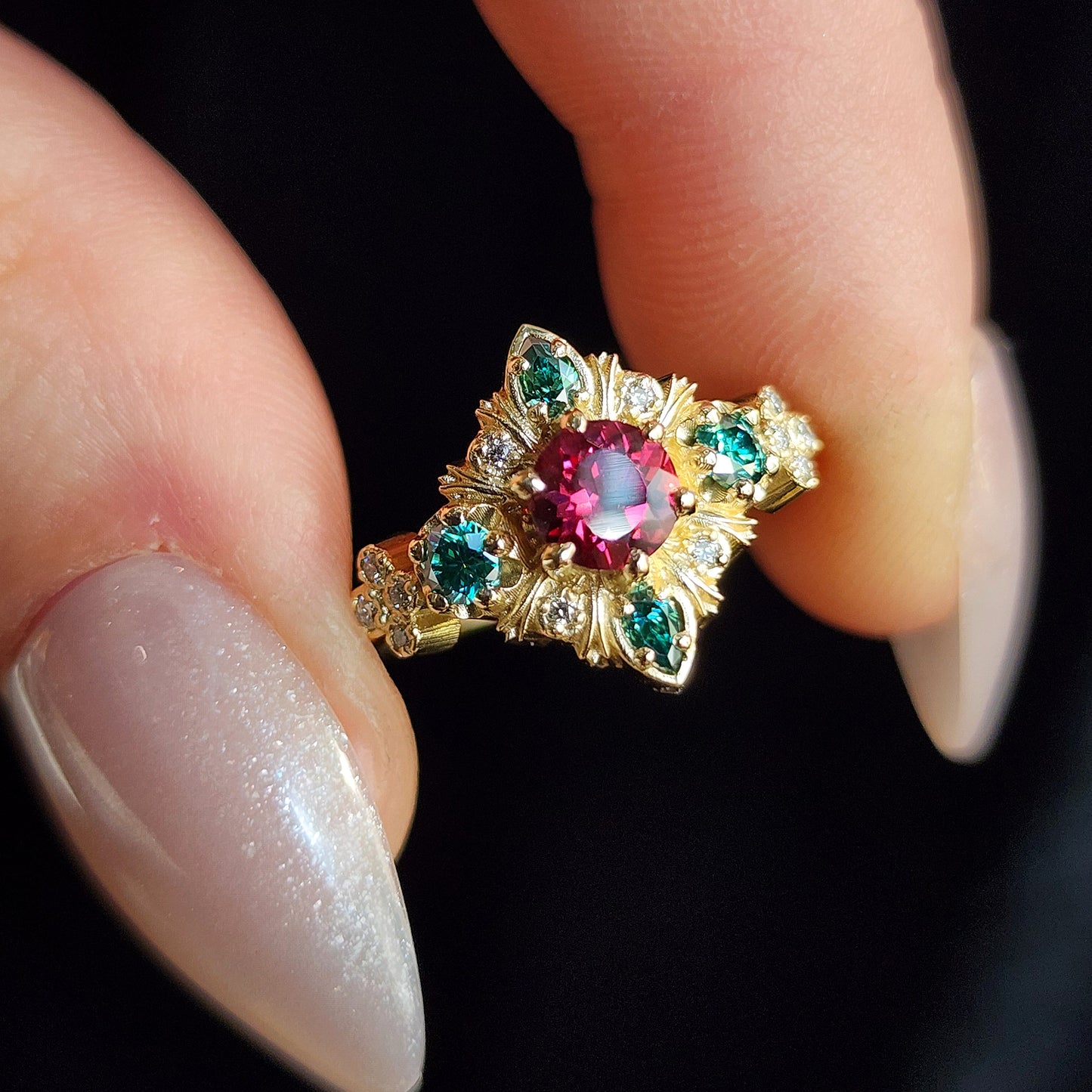 Thorn Haven Rhodolite Garnet Ring - Nature Inspired with Green Moissanite image 3