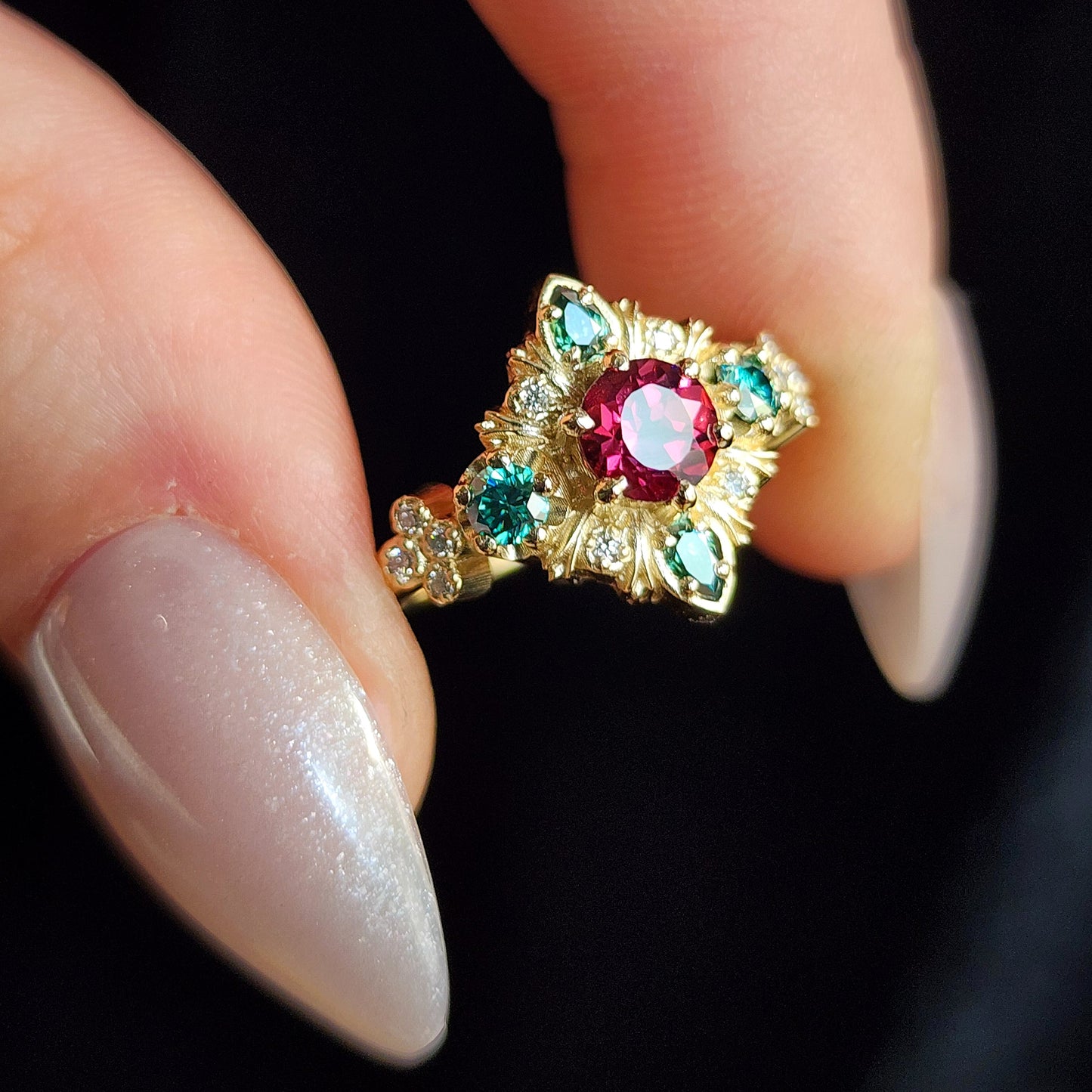 Thorn Haven Rhodolite Garnet Ring - Nature Inspired with Green Moissanite image 4