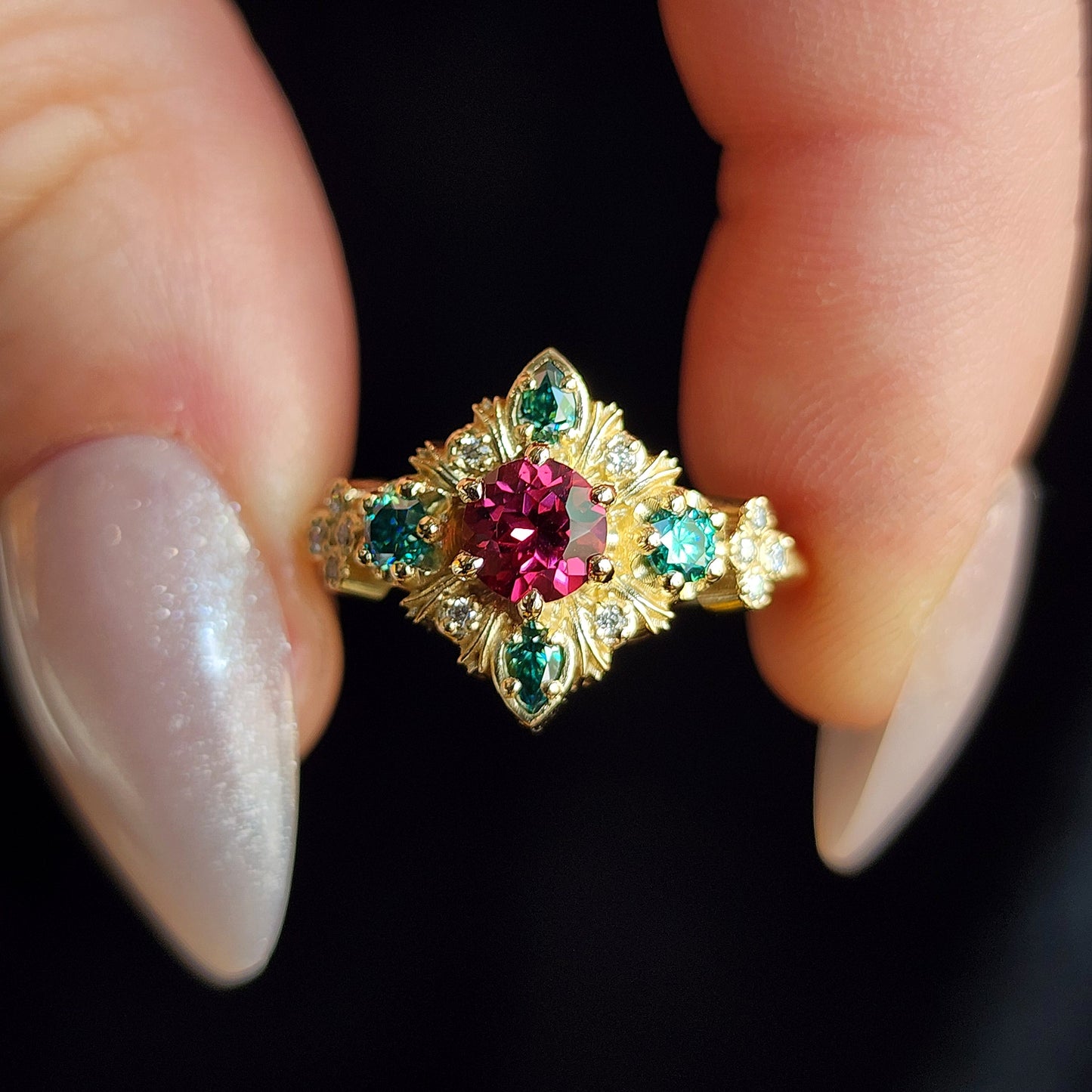 Thorn Haven Rhodolite Garnet Ring - Nature Inspired with Green Moissanite image 2