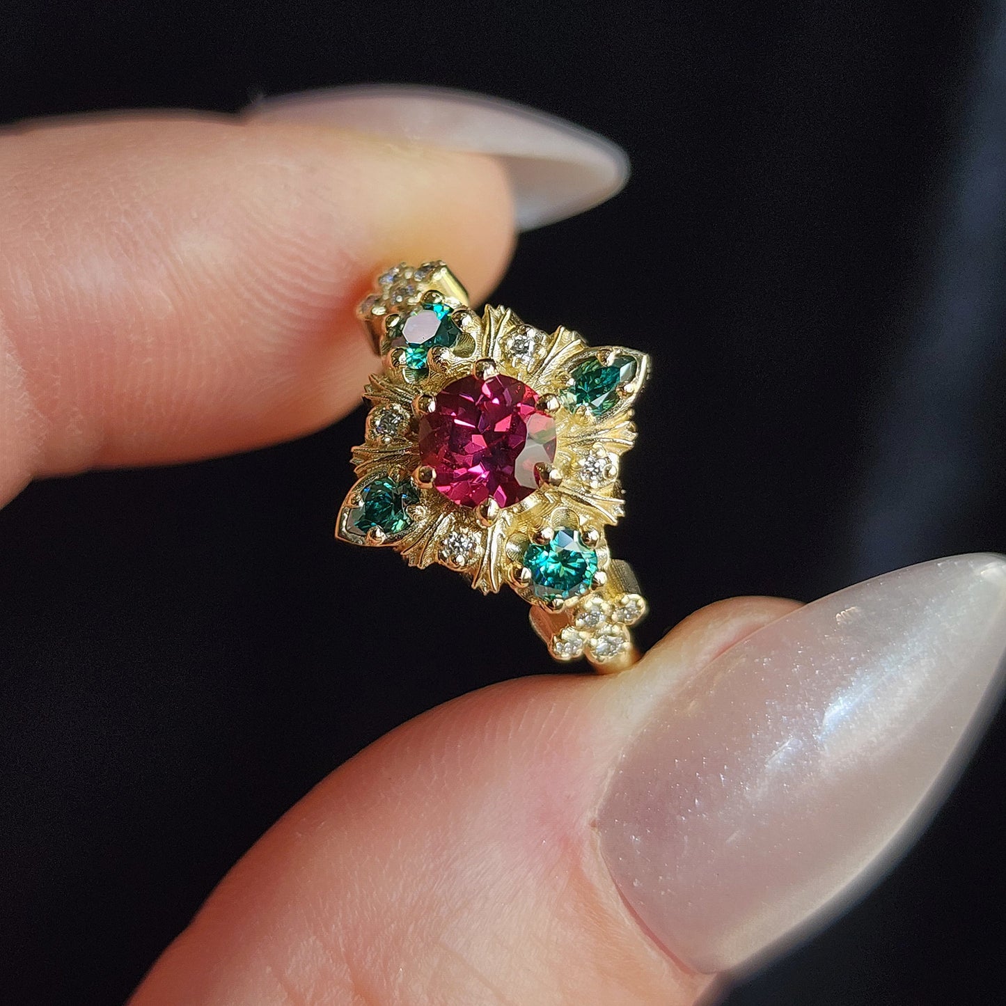 Thorn Haven Rhodolite Garnet Ring - Nature Inspired with Green Moissanite image 5