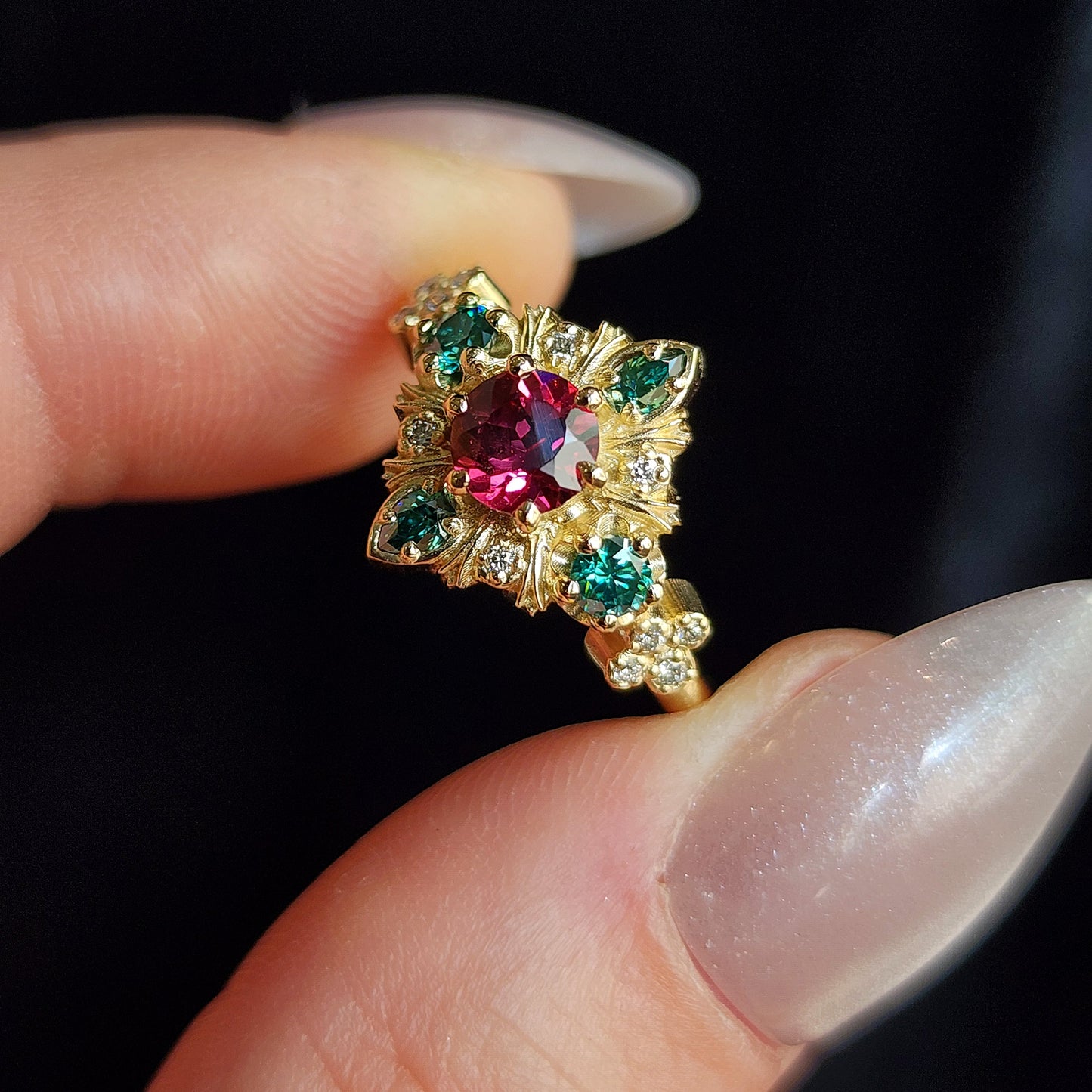 Thorn Haven Rhodolite Garnet Ring - Nature Inspired with Green Moissanite image 10