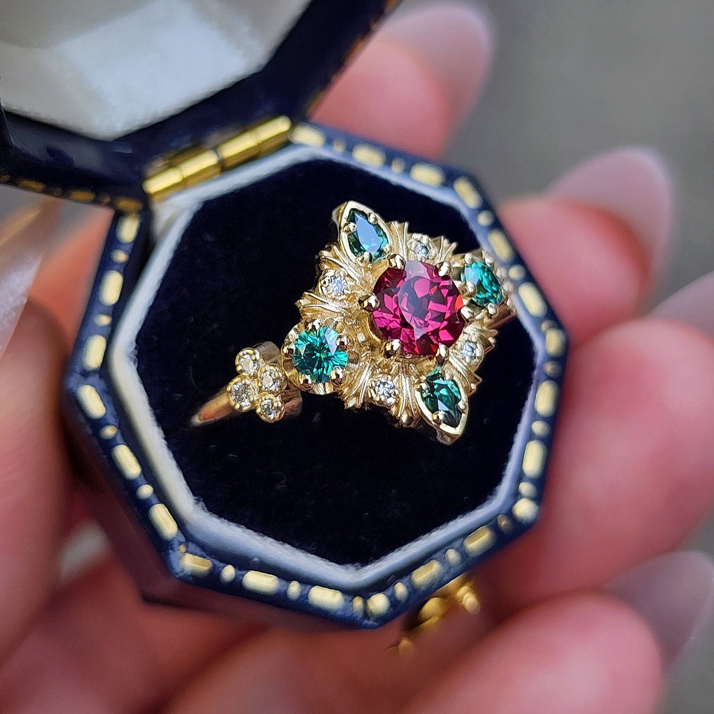 Thorn Haven Rhodolite Garnet Ring - Nature Inspired with Green Moissanite image 6