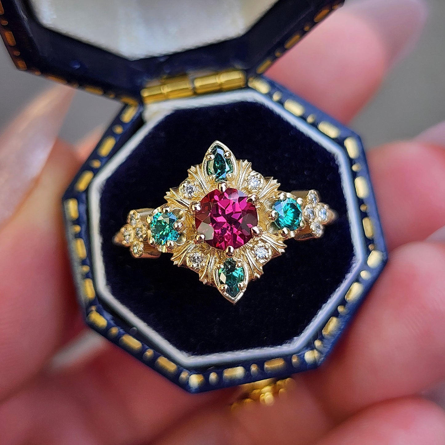 Thorn Haven Rhodolite Garnet Ring - Nature Inspired with Green Moissanite image 1