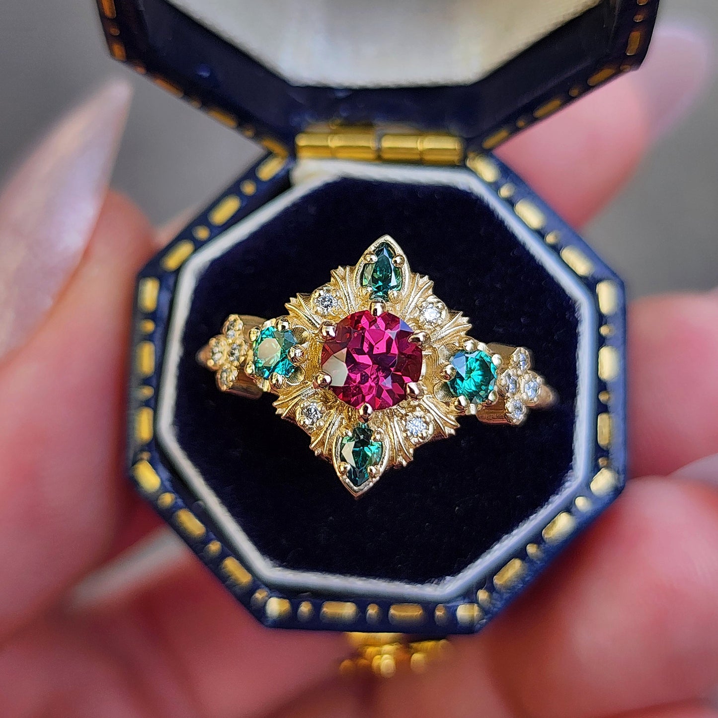 Thorn Haven Rhodolite Garnet Ring - Nature Inspired with Green Moissanite image 7