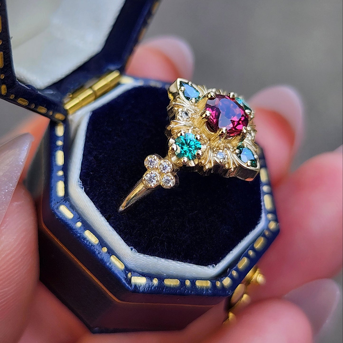 Thorn Haven Rhodolite Garnet Ring - Nature Inspired with Green Moissanite image 8