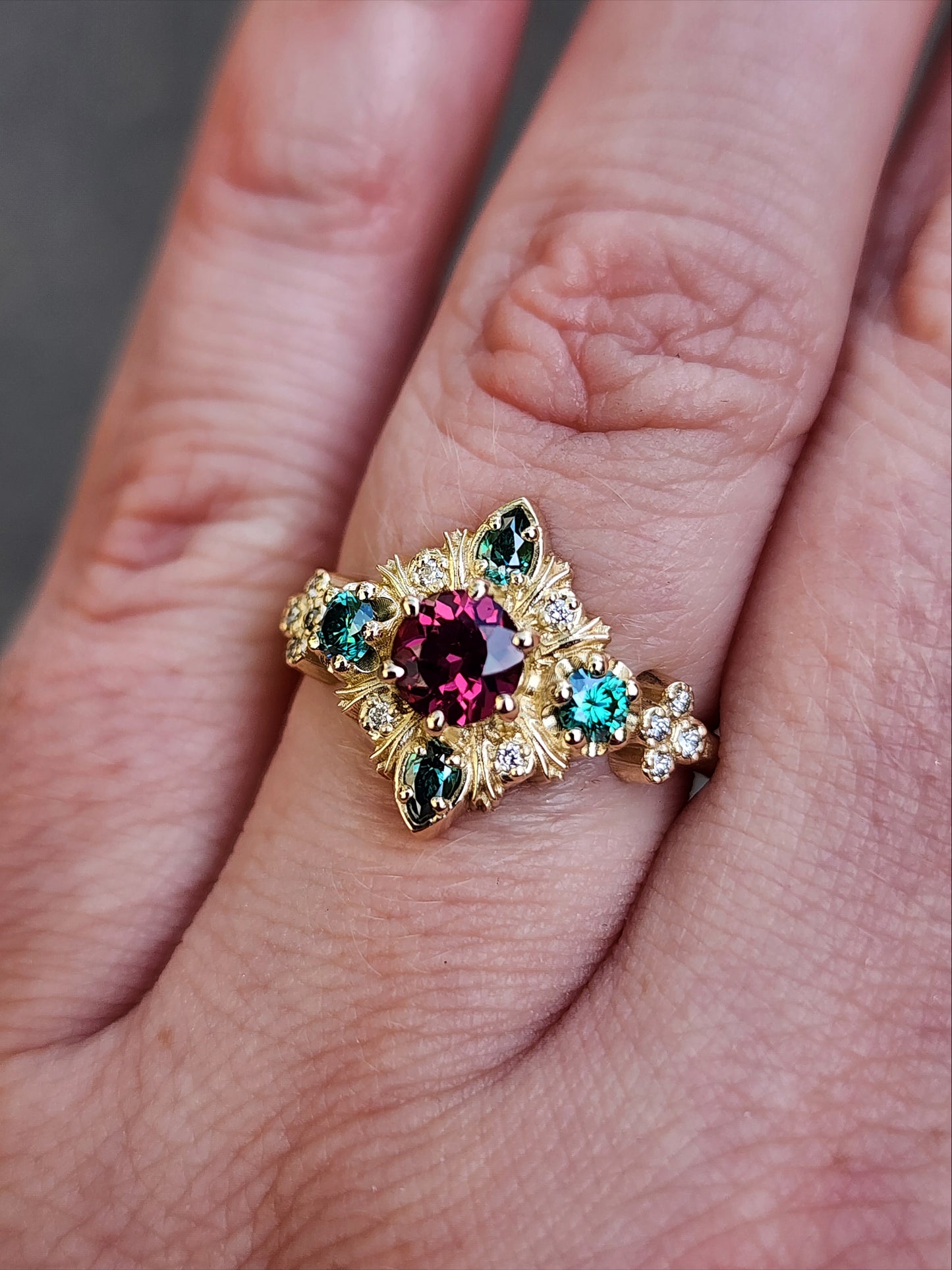Thorn Haven Rhodolite Garnet Ring - Nature Inspired with Green Moissanite image 12