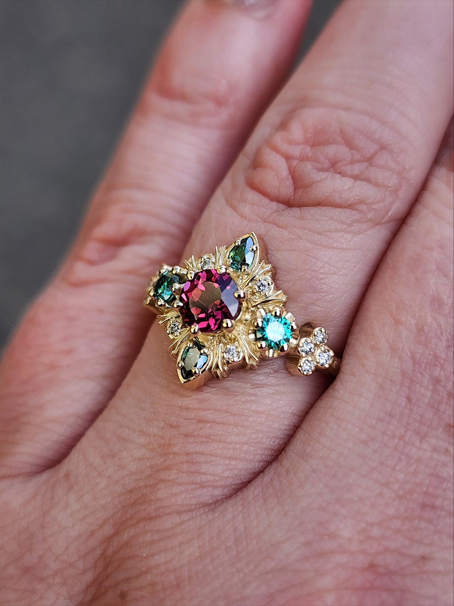 Thorn Haven Rhodolite Garnet Ring - Nature Inspired with Green Moissanite image 13