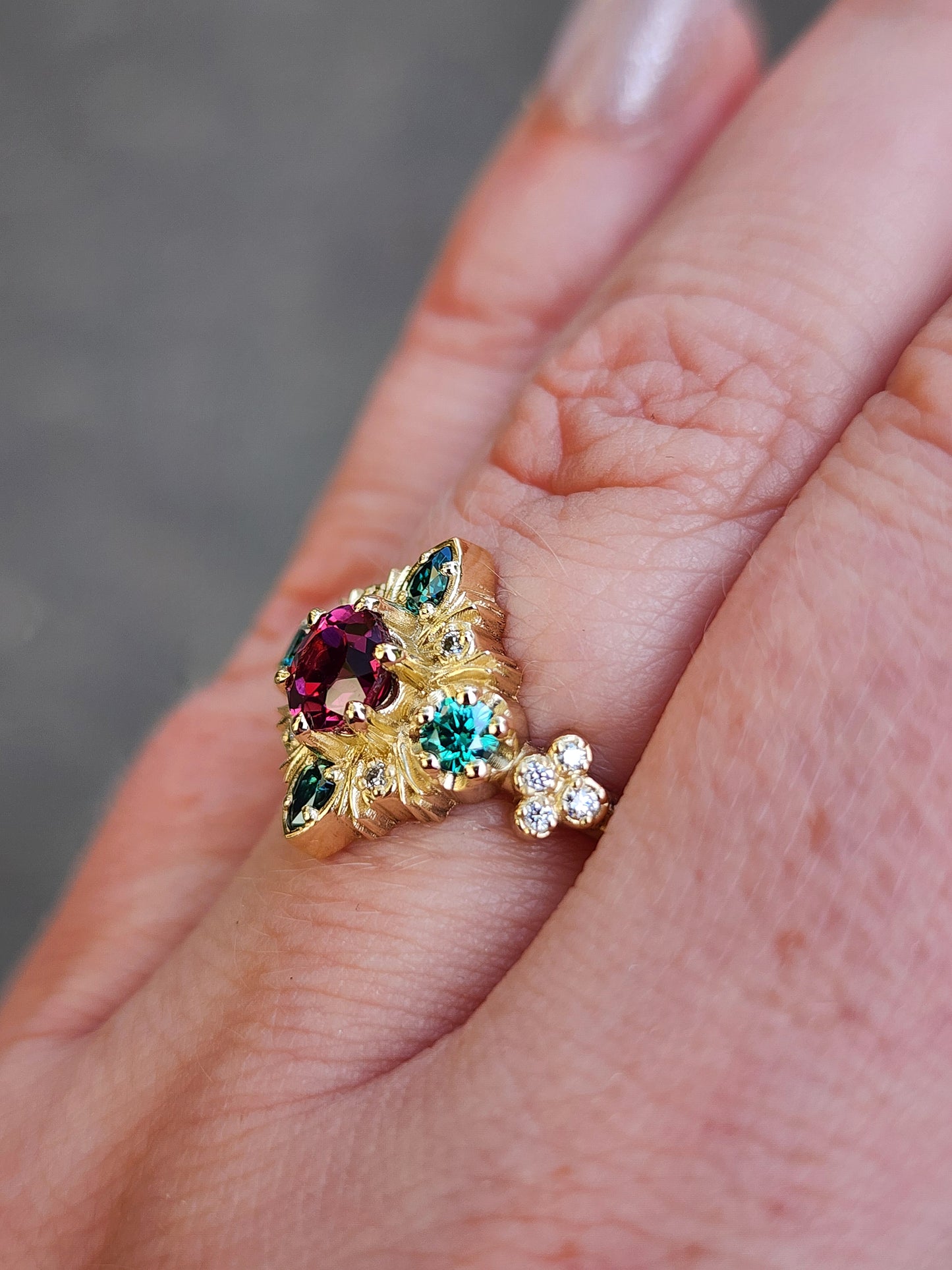 Thorn Haven Rhodolite Garnet Ring - Nature Inspired with Green Moissanite image 14