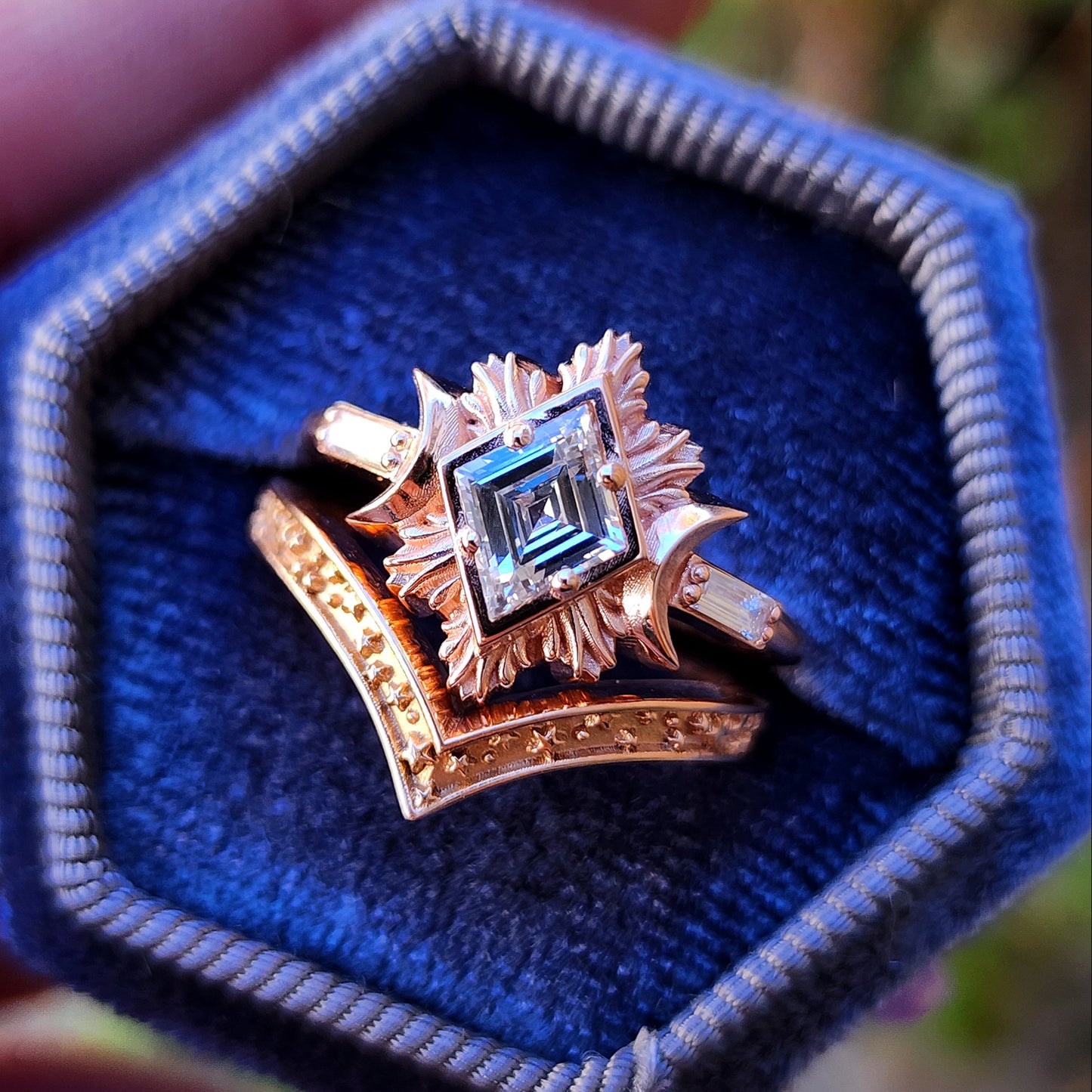 Rose gold galactic moon fire ring with a kite diamond in a blue velvet box image 17