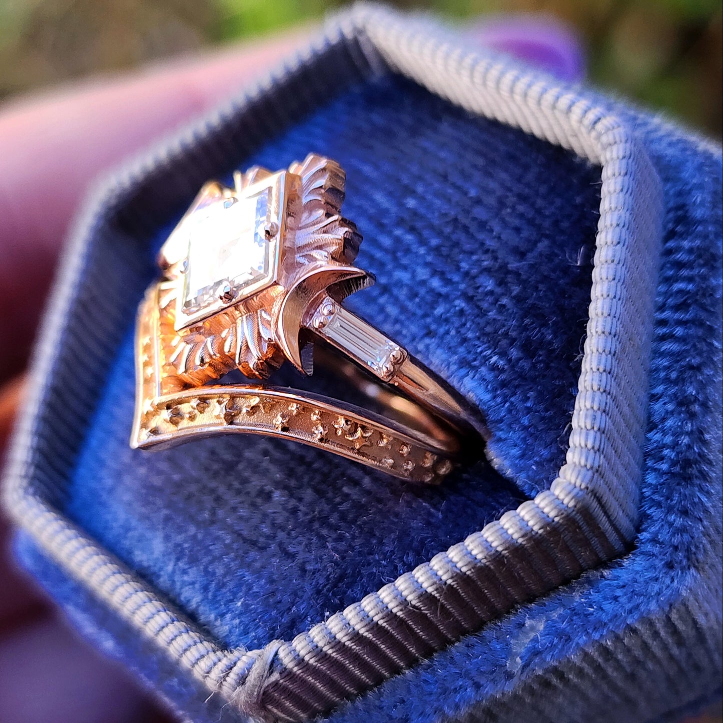 Rose gold galactic moon fire ring with a kite diamond in a blue velvet box image 16