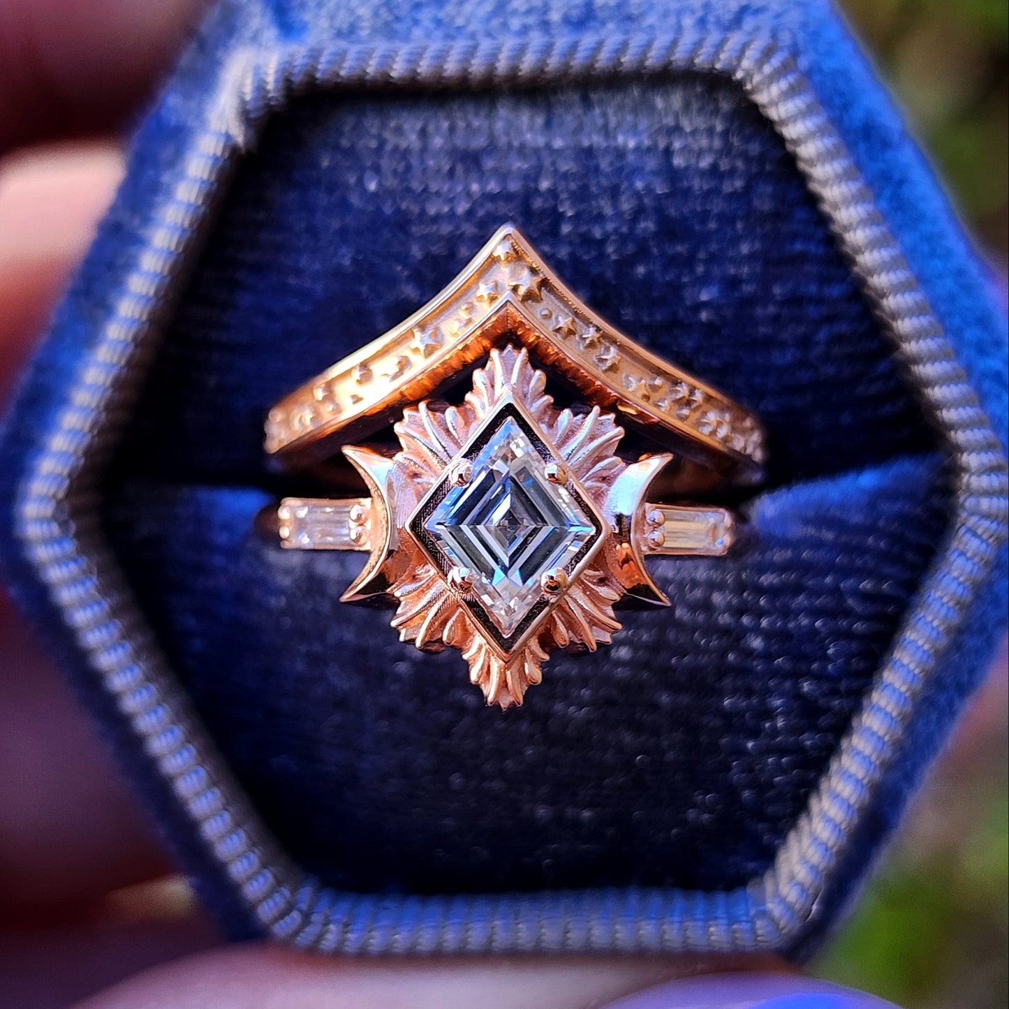 Rose gold galactic moon fire ring with a kite diamond in a blue velvet box image 15