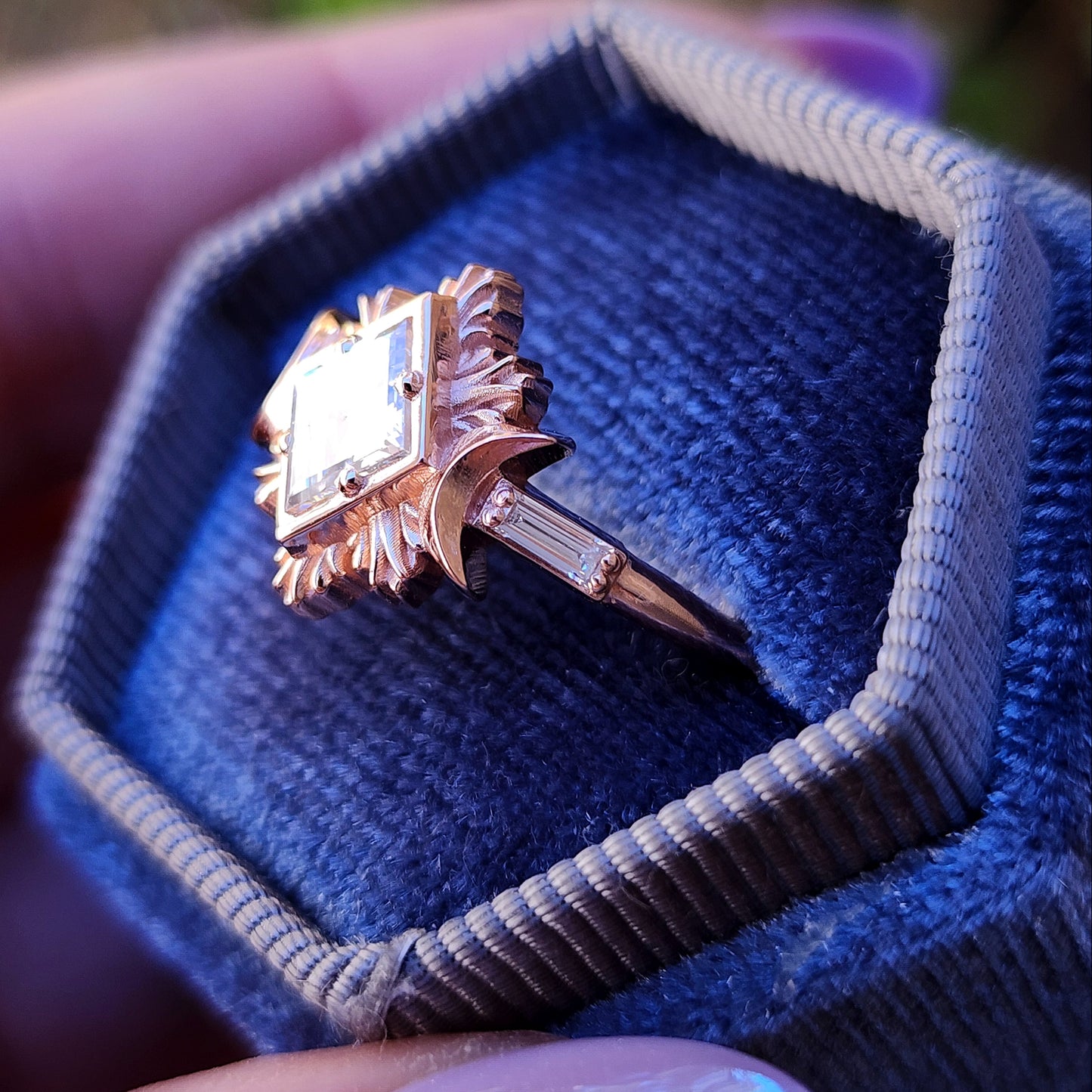 Rose gold galactic moon fire ring with a kite diamond in a blue velvet box image 4