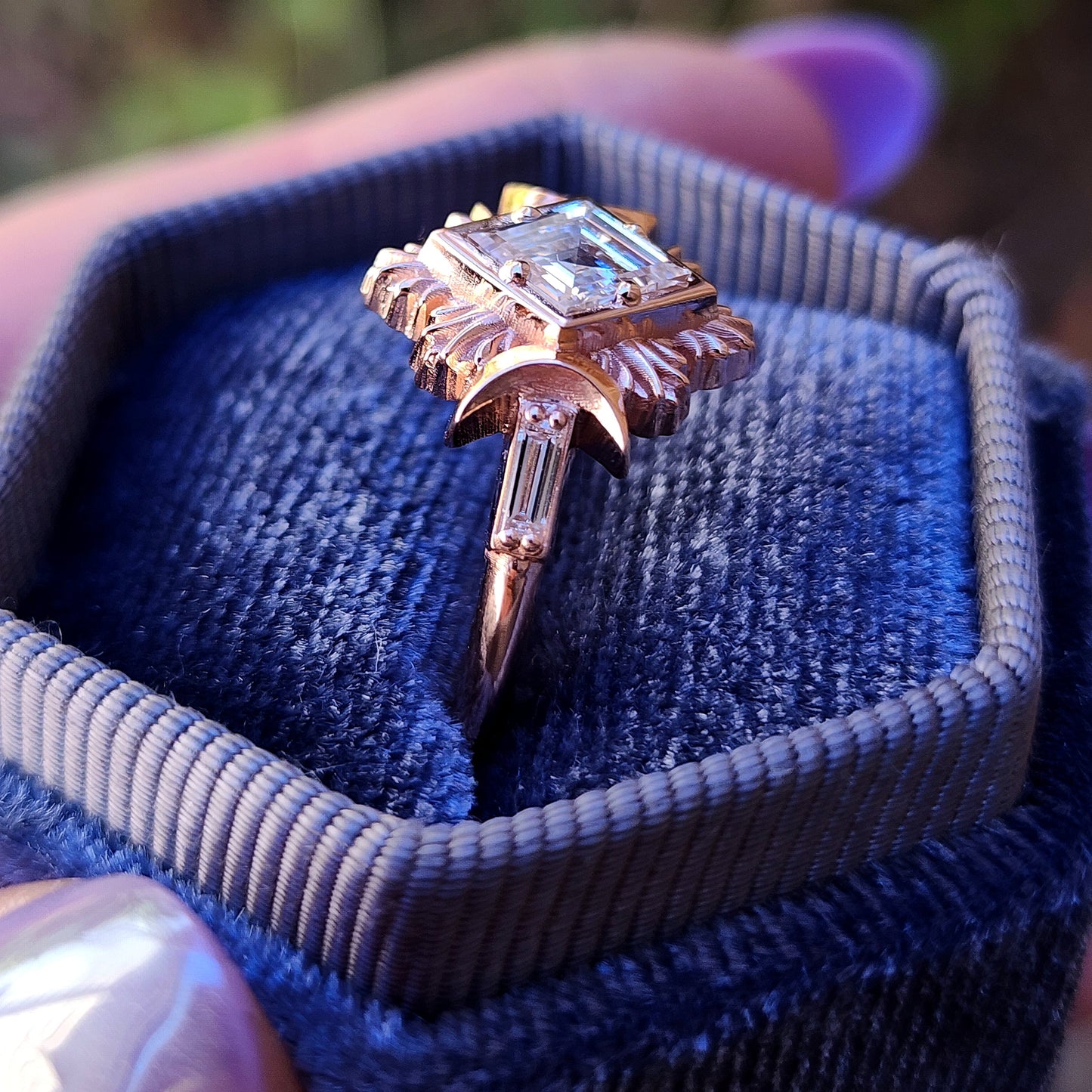 Rose gold galactic moon fire ring with a kite diamond in a blue velvet box image 5