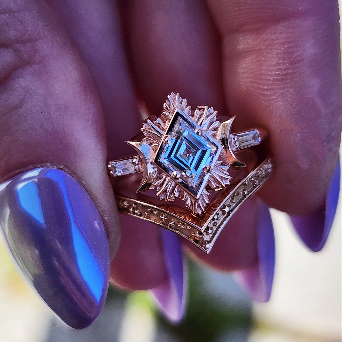 Rose gold galactic moon fire ring with a kite diamond in a blue velvet box image 11