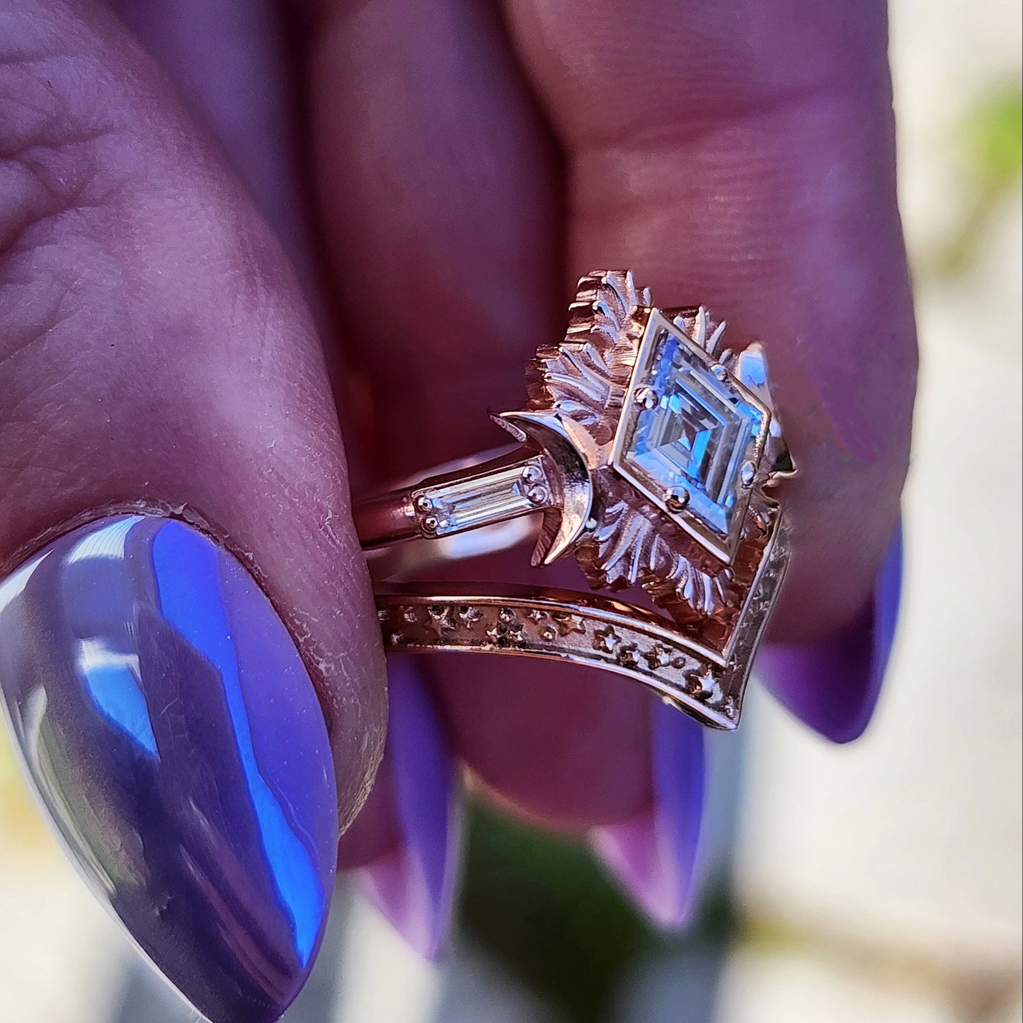 Rose gold galactic moon fire ring with a kite diamond in a blue velvet box image 14
