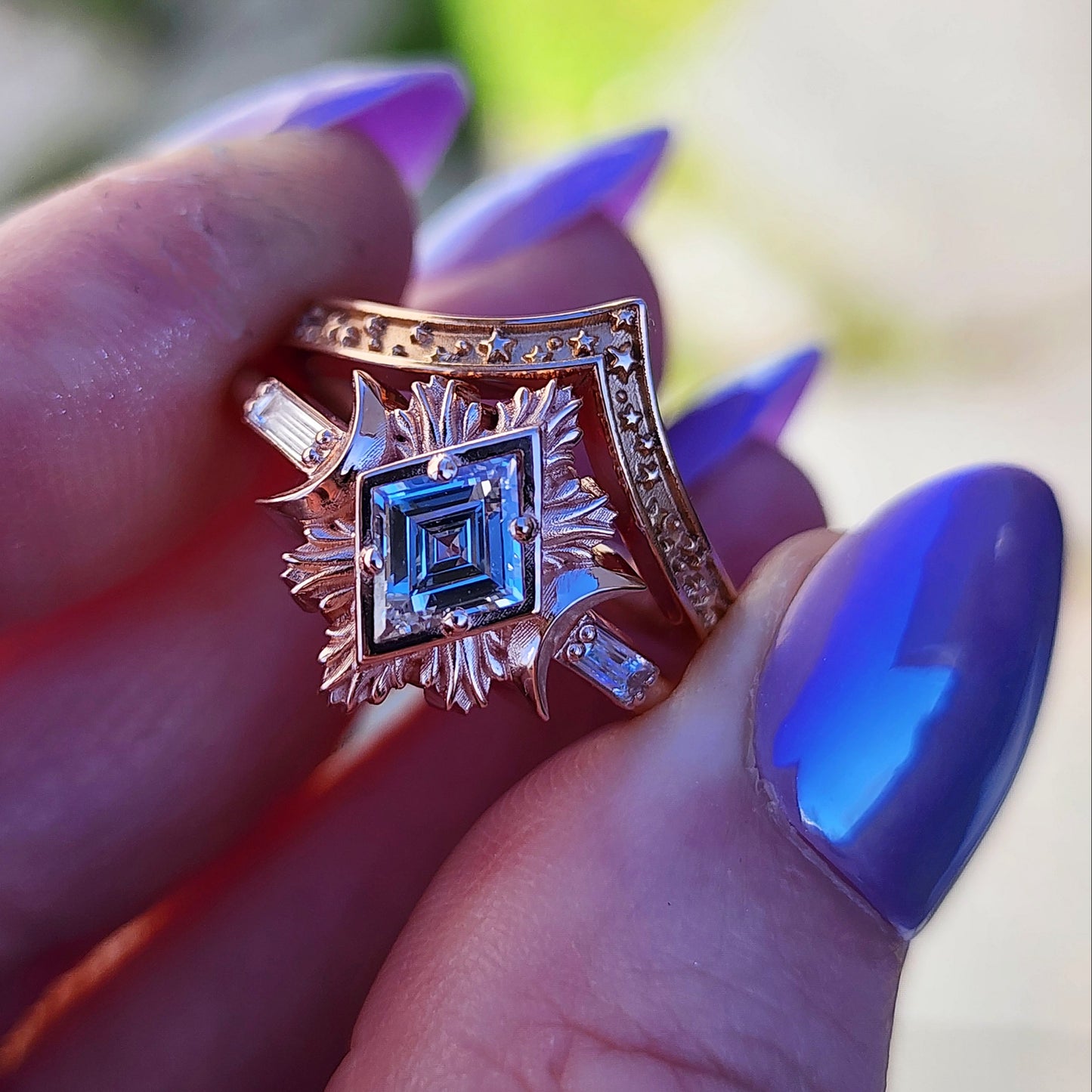 Rose gold galactic moon fire ring with a kite diamond in a blue velvet box image 6