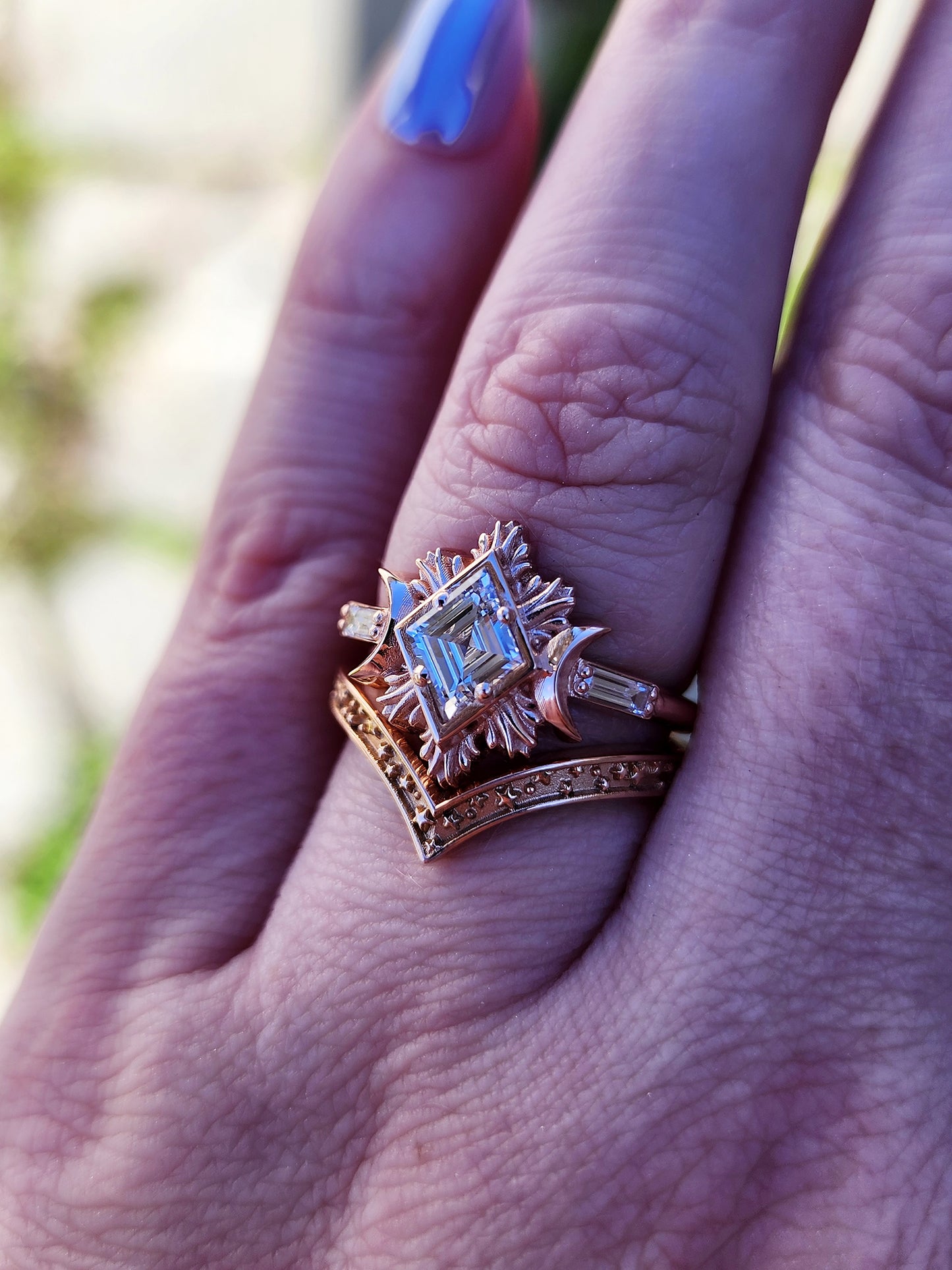 Rose gold galactic moon fire ring with a kite diamond in a blue velvet box image 7