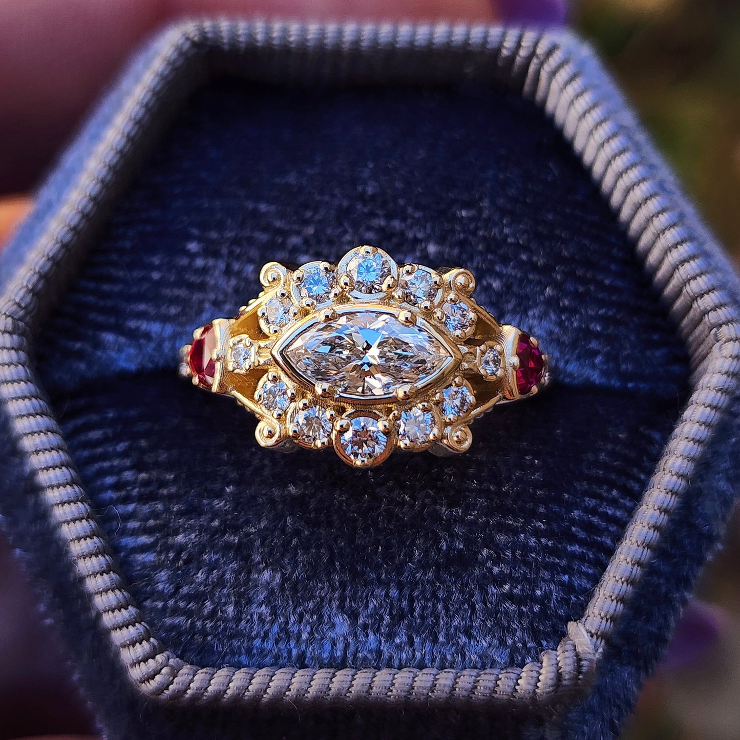 Belle Epoque Victorian antique styled engagement ring with east west set marquise and ruby trillions image 1