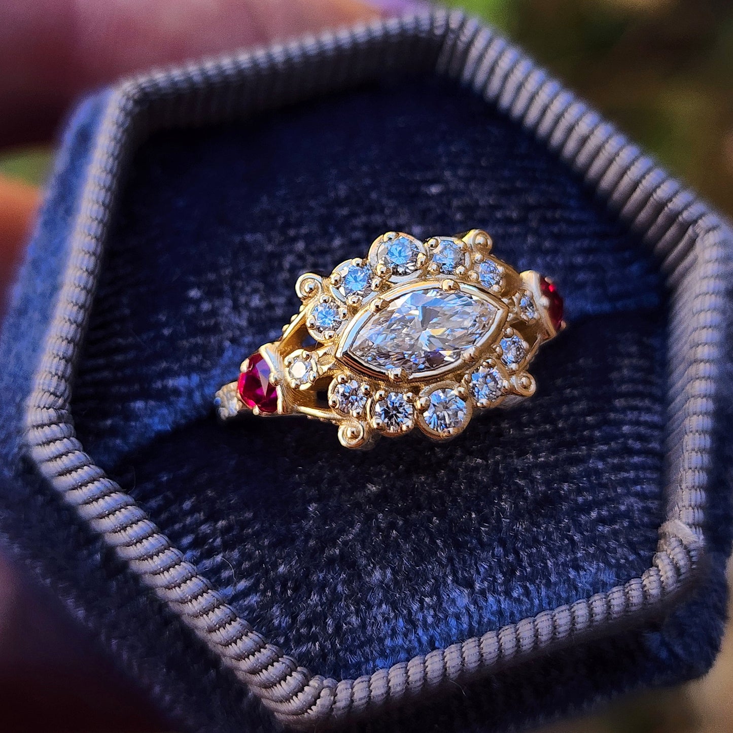 Belle Epoque Victorian antique styled engagement ring with east west set marquise and ruby trillions image 2