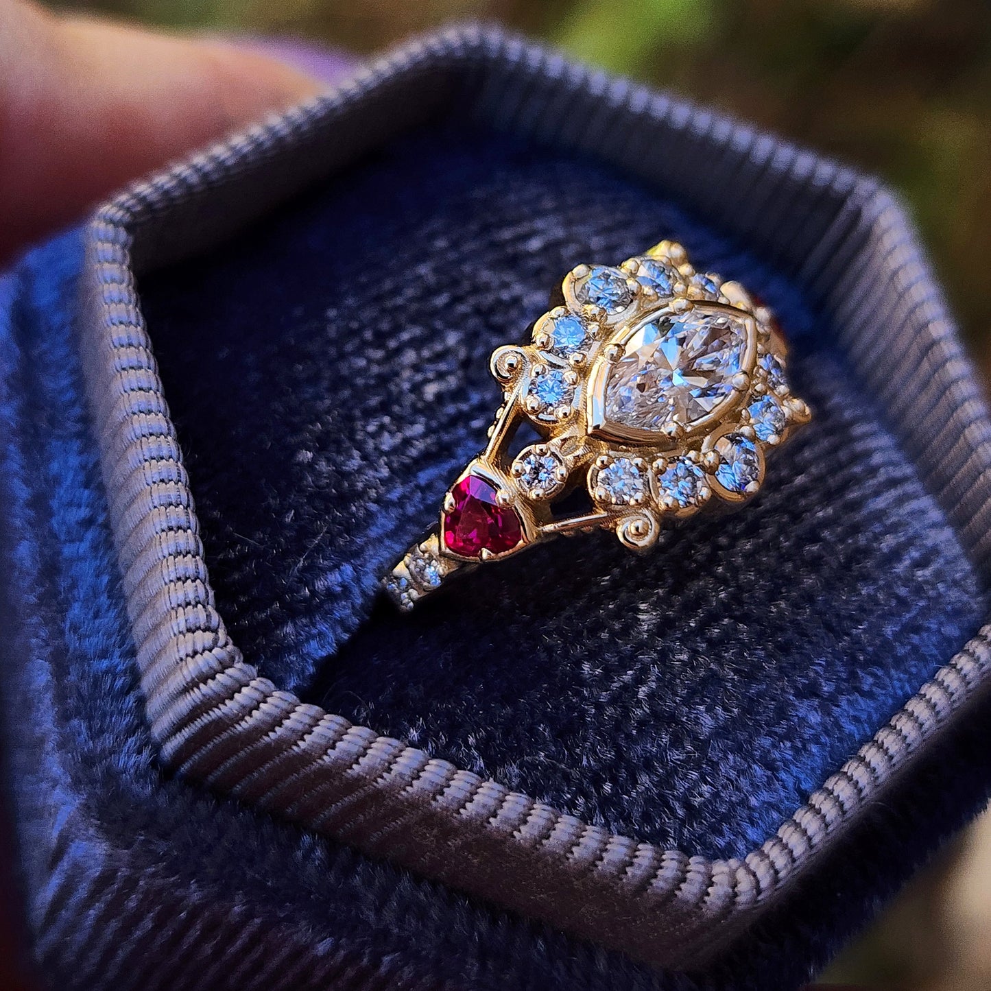 Belle Epoque Victorian antique styled engagement ring with east west set marquise and ruby trillions image 3