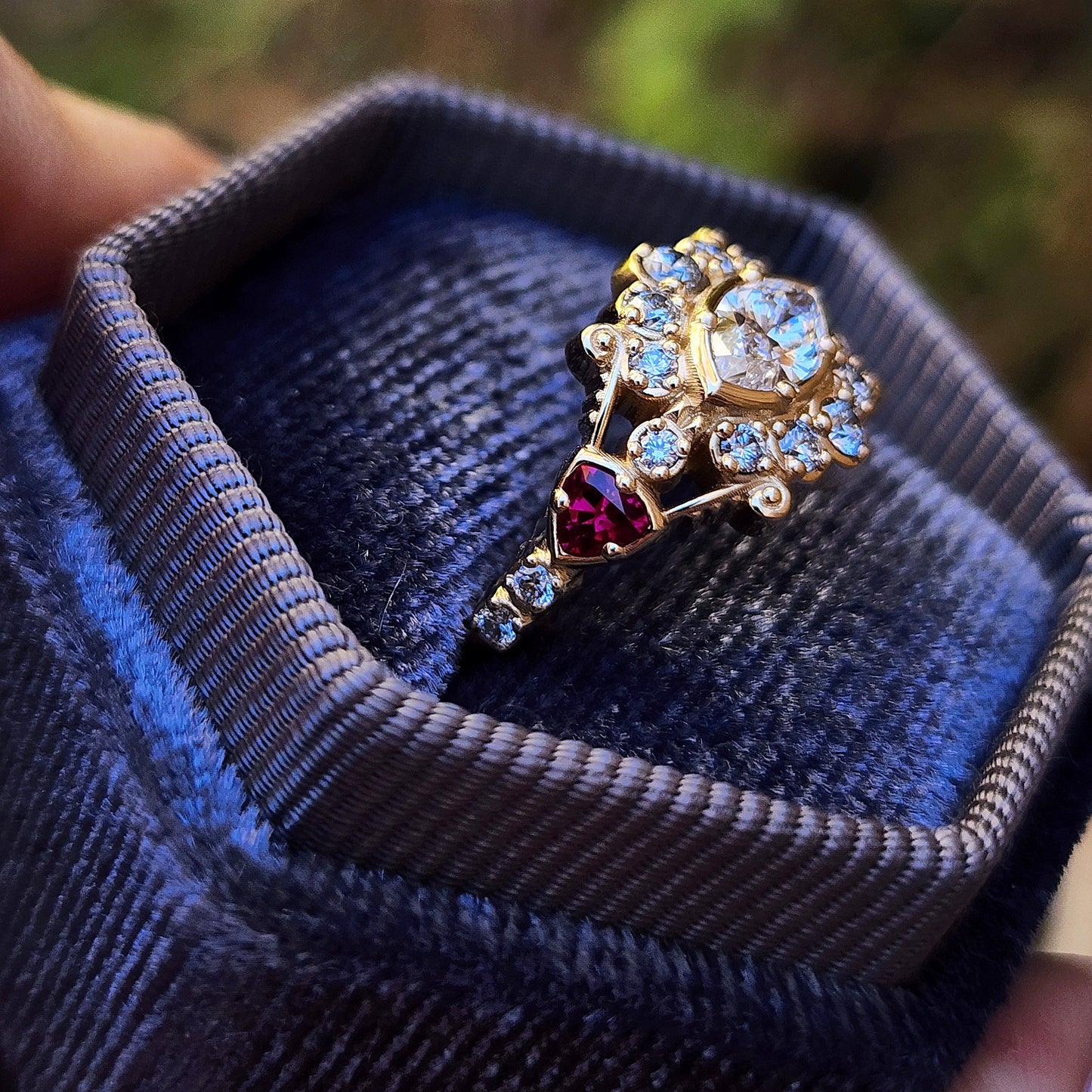 Belle Epoque Victorian antique styled engagement ring with east west set marquise and ruby trillions image 4