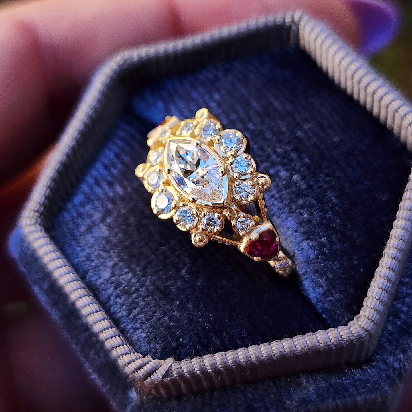 Belle Epoque Victorian antique styled engagement ring with east west set marquise and ruby trillions image 5