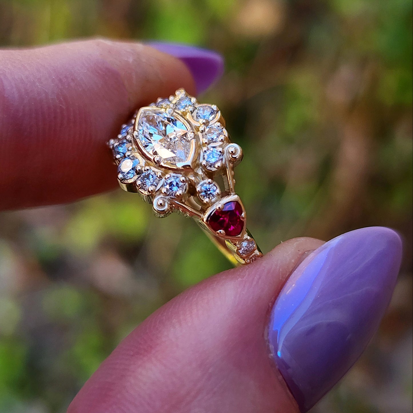 Belle Epoque Victorian antique styled engagement ring with east west set marquise and ruby trillions image 8