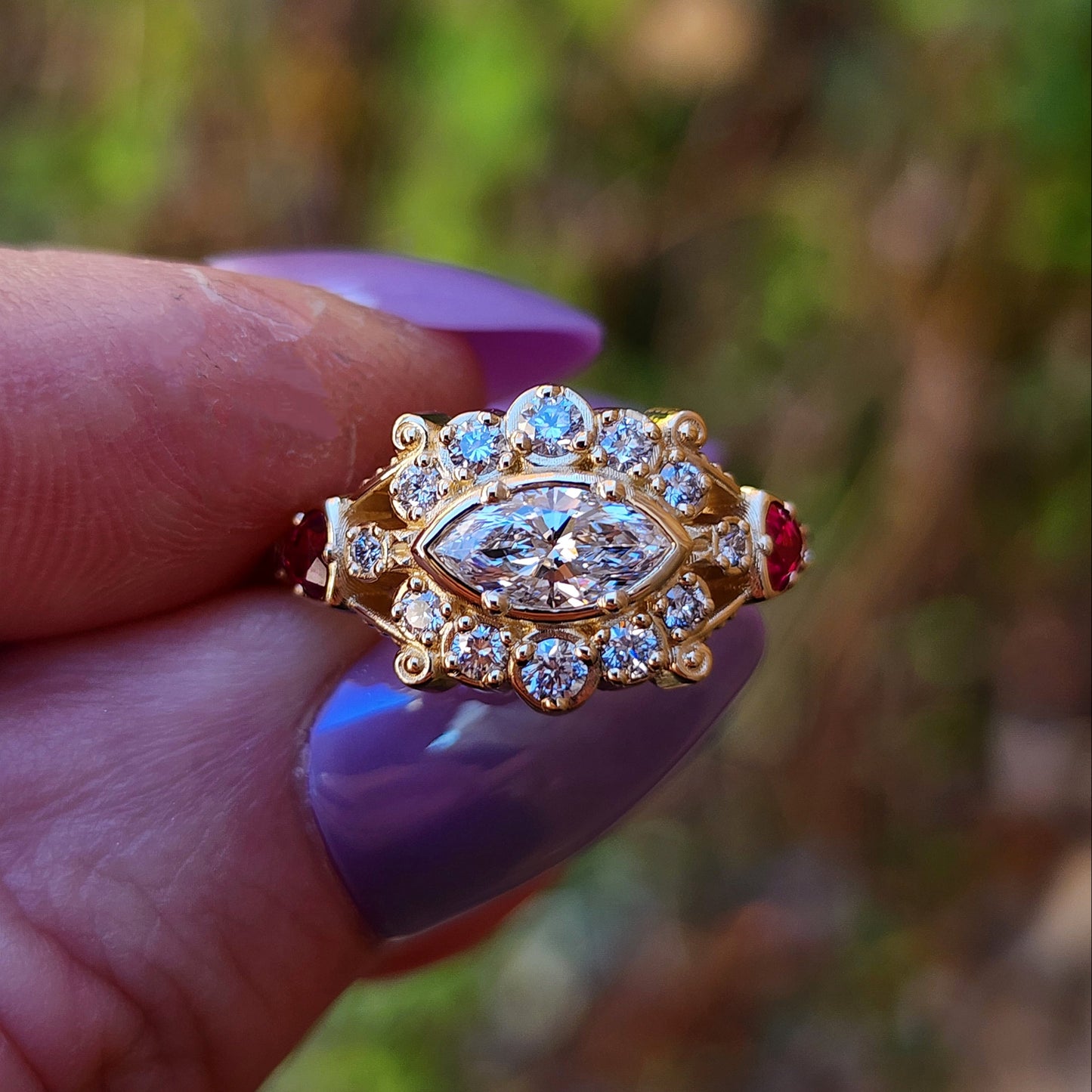 Belle Epoque Victorian antique styled engagement ring with east west set marquise and ruby trillions image 7