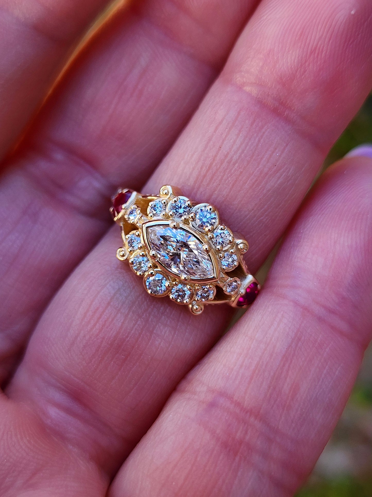 Belle Epoque Victorian antique styled engagement ring with east west set marquise and ruby trillions image 9