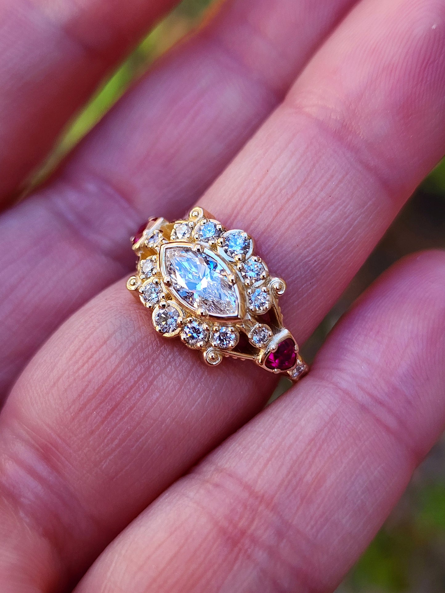 Belle Epoque Victorian antique styled engagement ring with east west set marquise and ruby trillions image 10