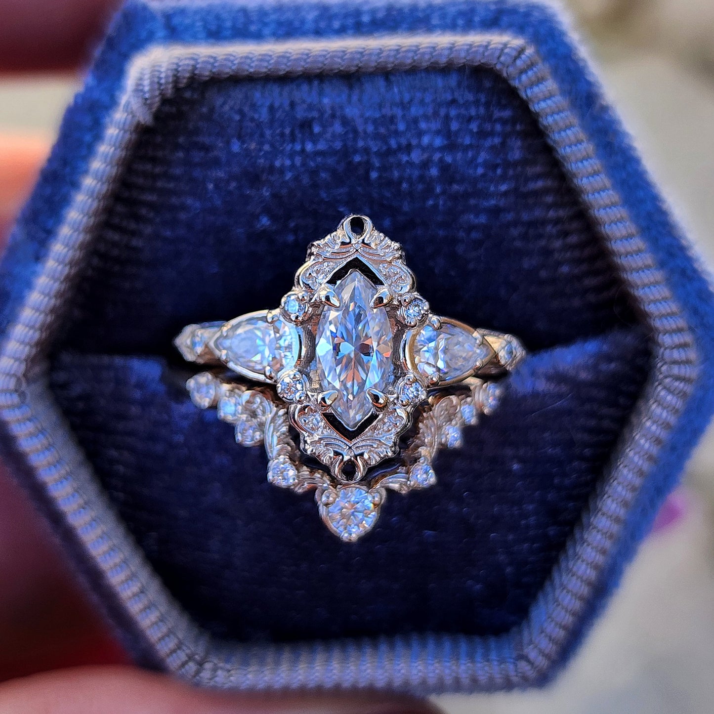 Marquise moissanite and pear engagement ring set with filigree antique scroll details in 14k white gold image 1