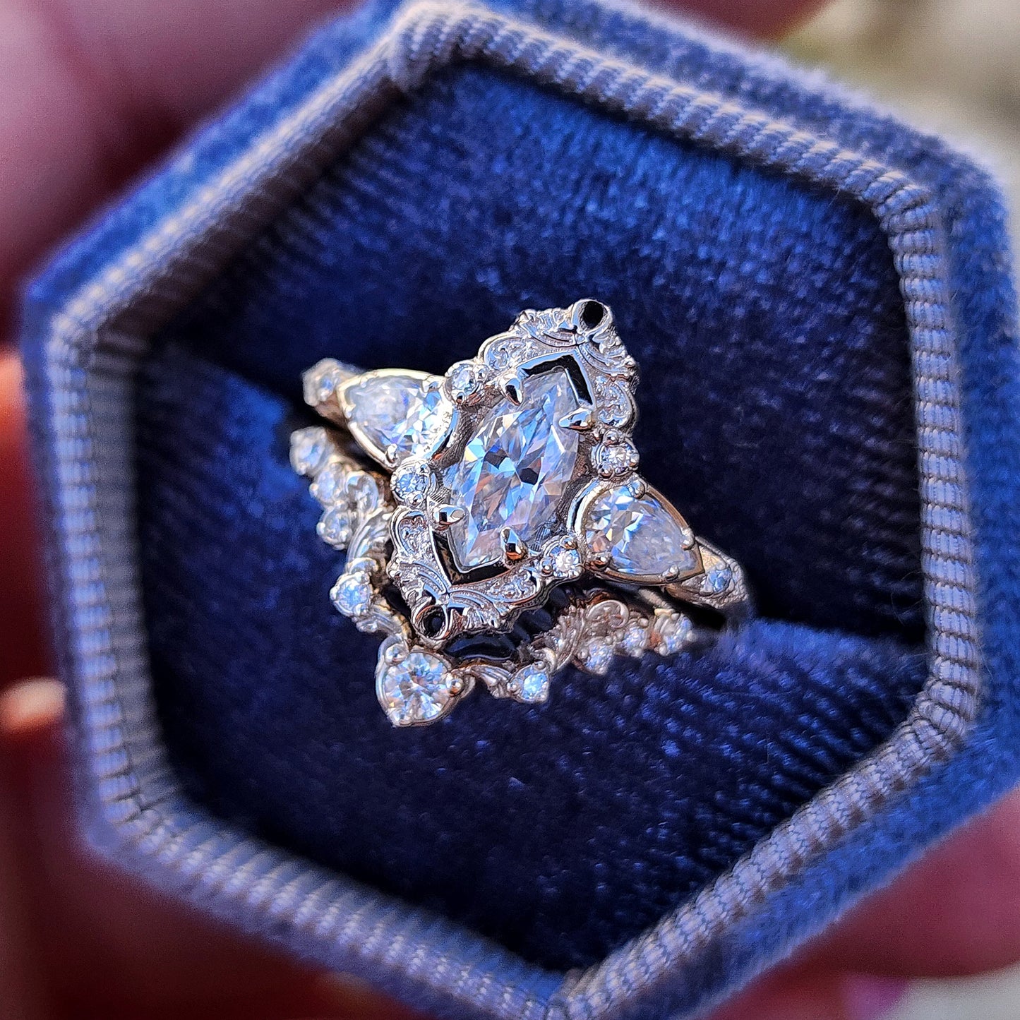 Marquise moissanite and pear engagement ring set with filigree antique scroll details in 14k white gold image 2