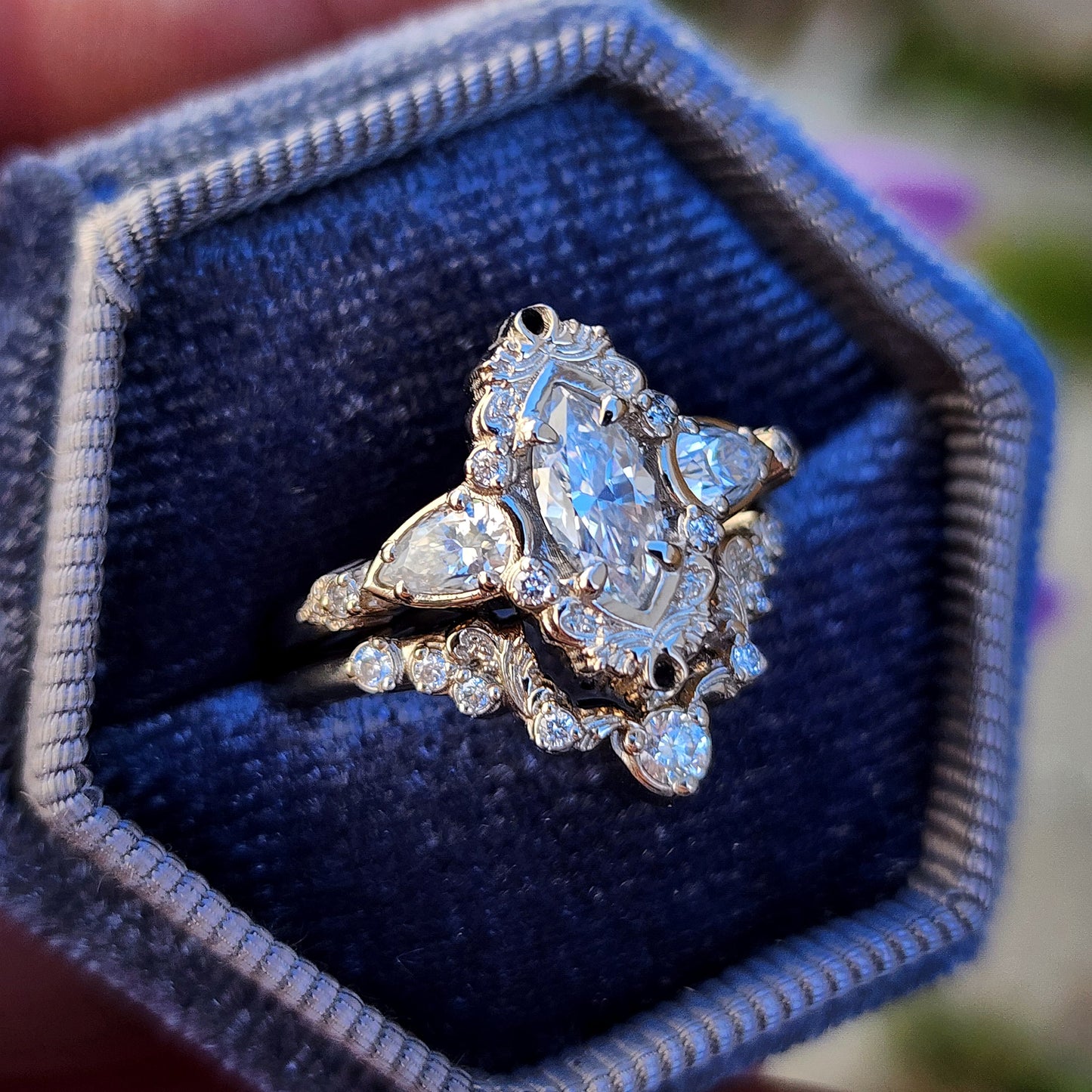 Marquise moissanite and pear engagement ring set with filigree antique scroll details in 14k white gold image 3