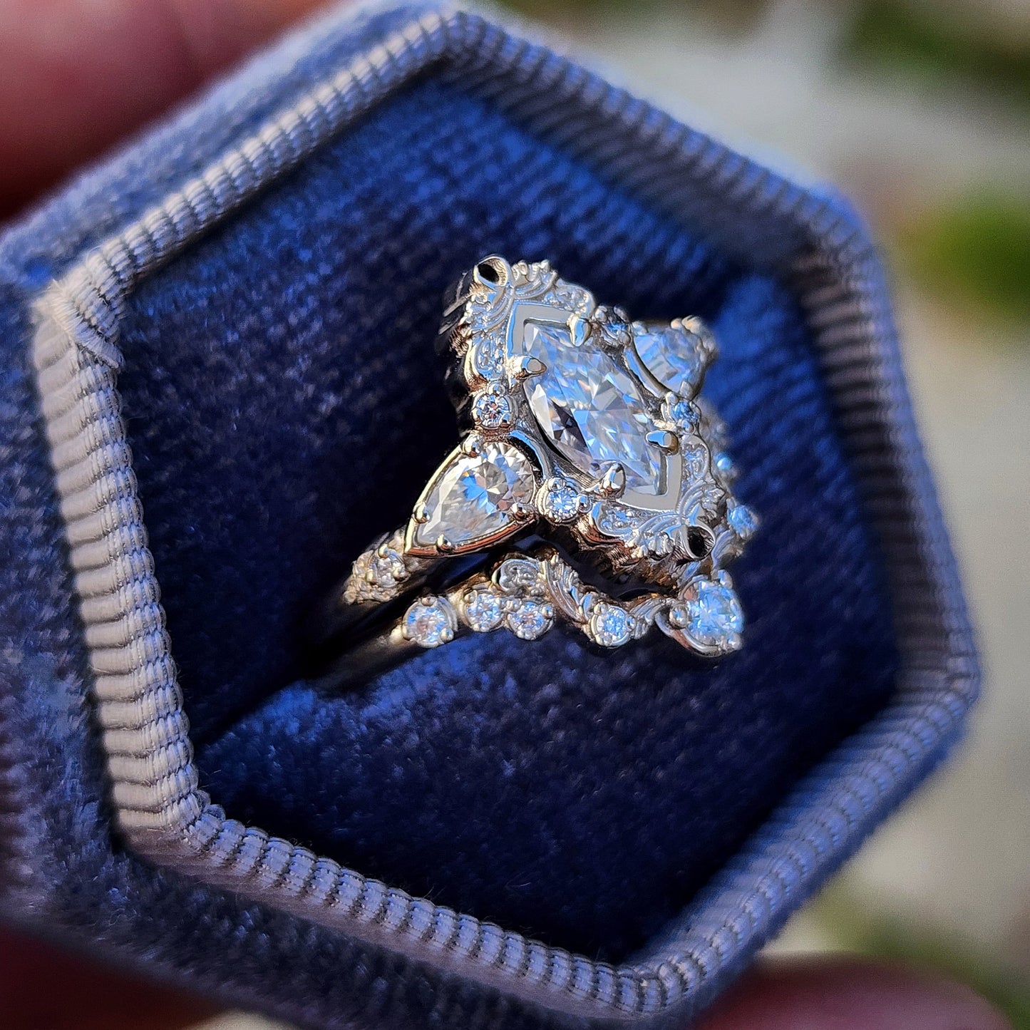 Marquise moissanite and pear engagement ring set with filigree antique scroll details in 14k white gold image 4