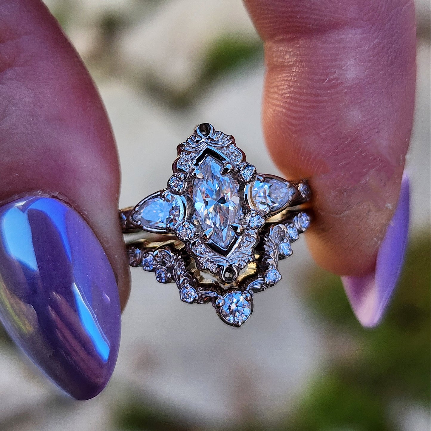 Marquise moissanite and pear engagement ring set with filigree antique scroll details in 14k white gold image 5