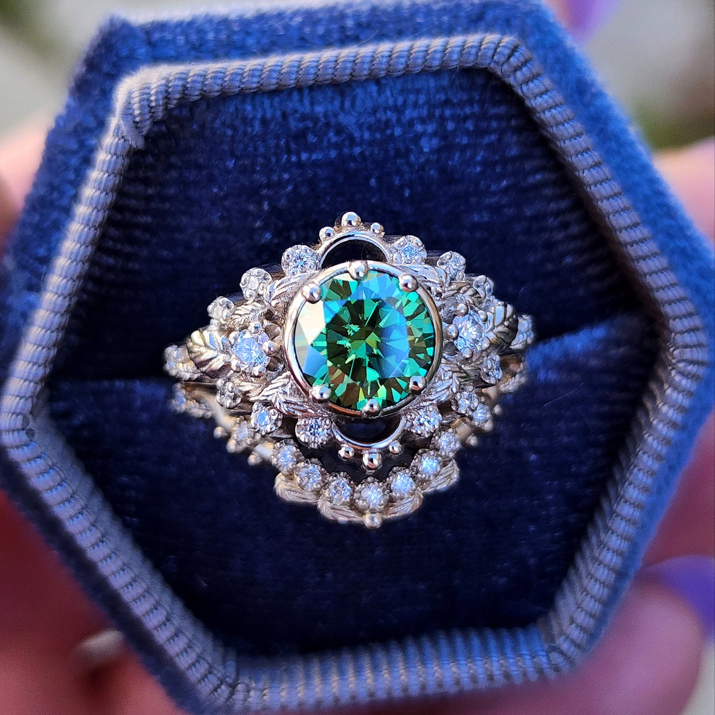 nature inspired leaf engagement ring set with green moissanite and diamonds 14k white gold image 3